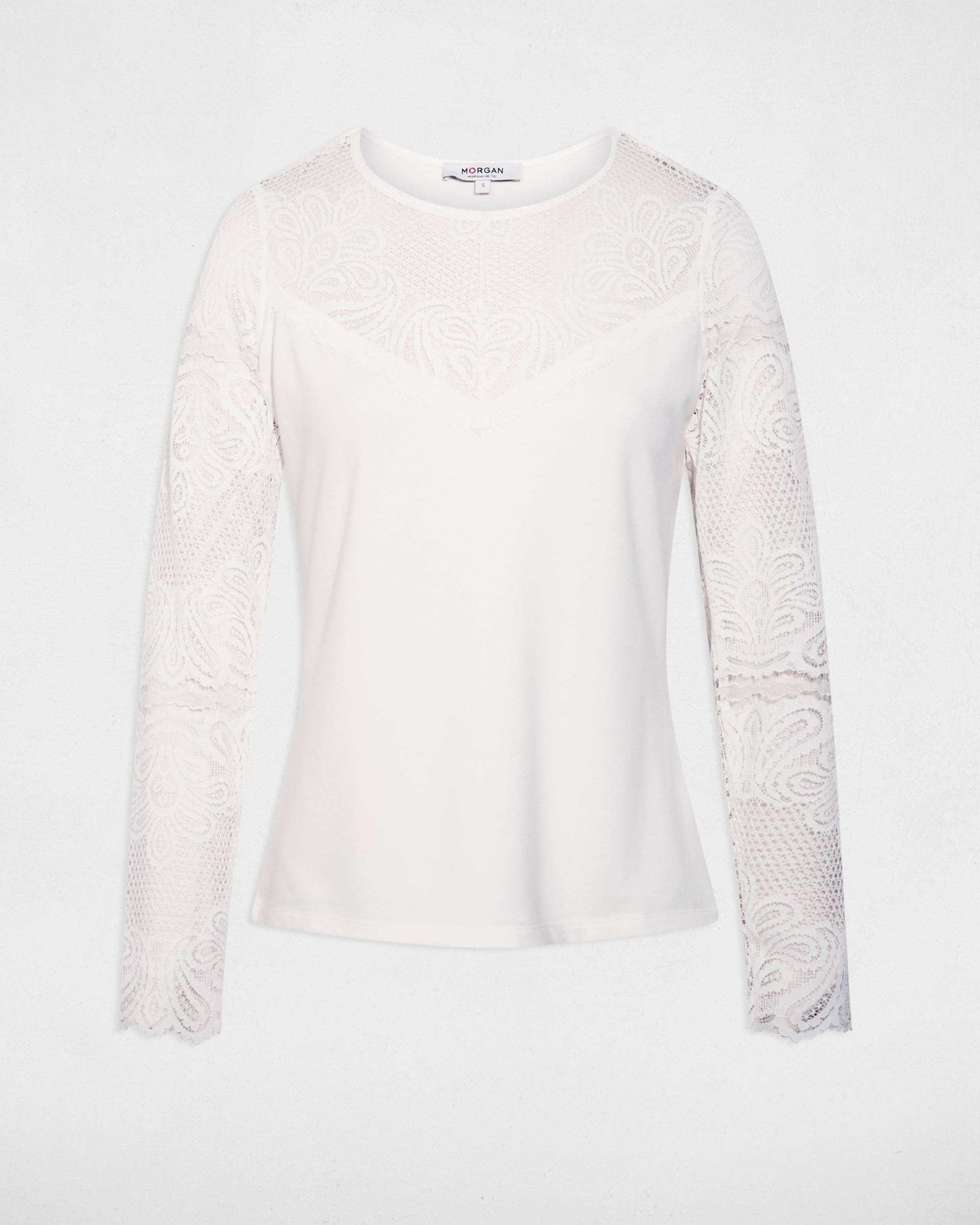 T-shirt de Renda de Manga Comprida Branco-2