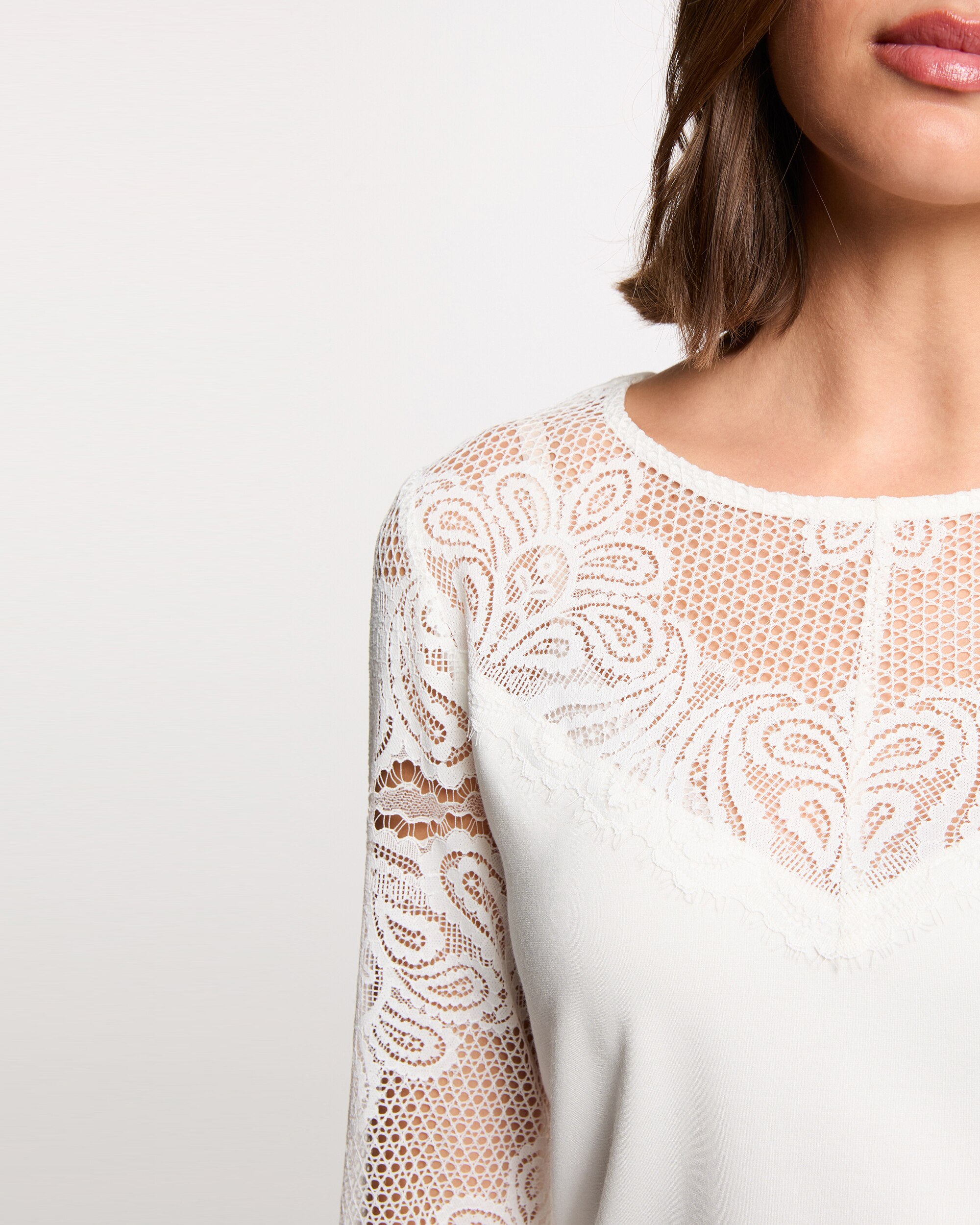 T-shirt de Renda de Manga Comprida Branco-5