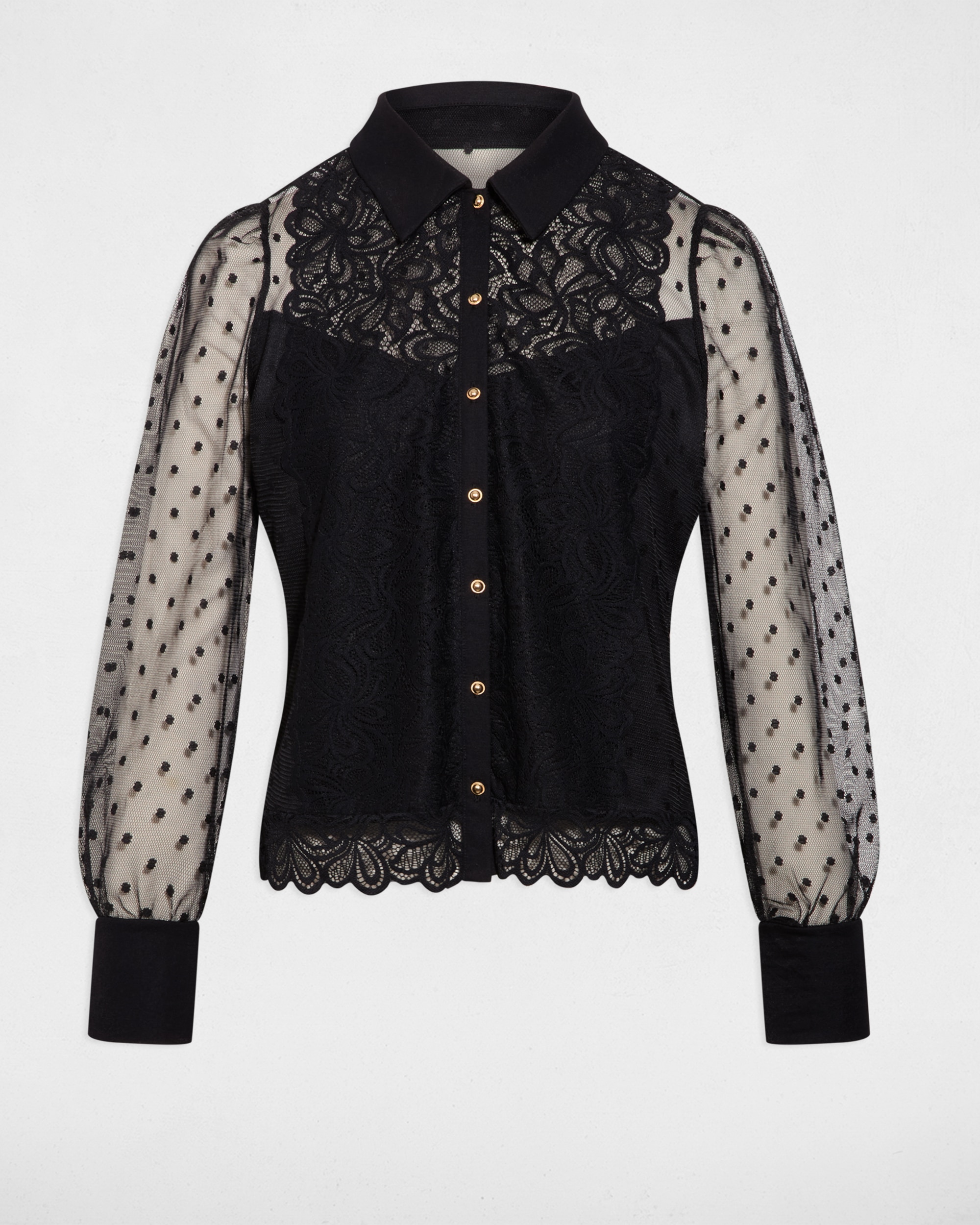 Blusa de Renda de Manga Comprida Preto-2
