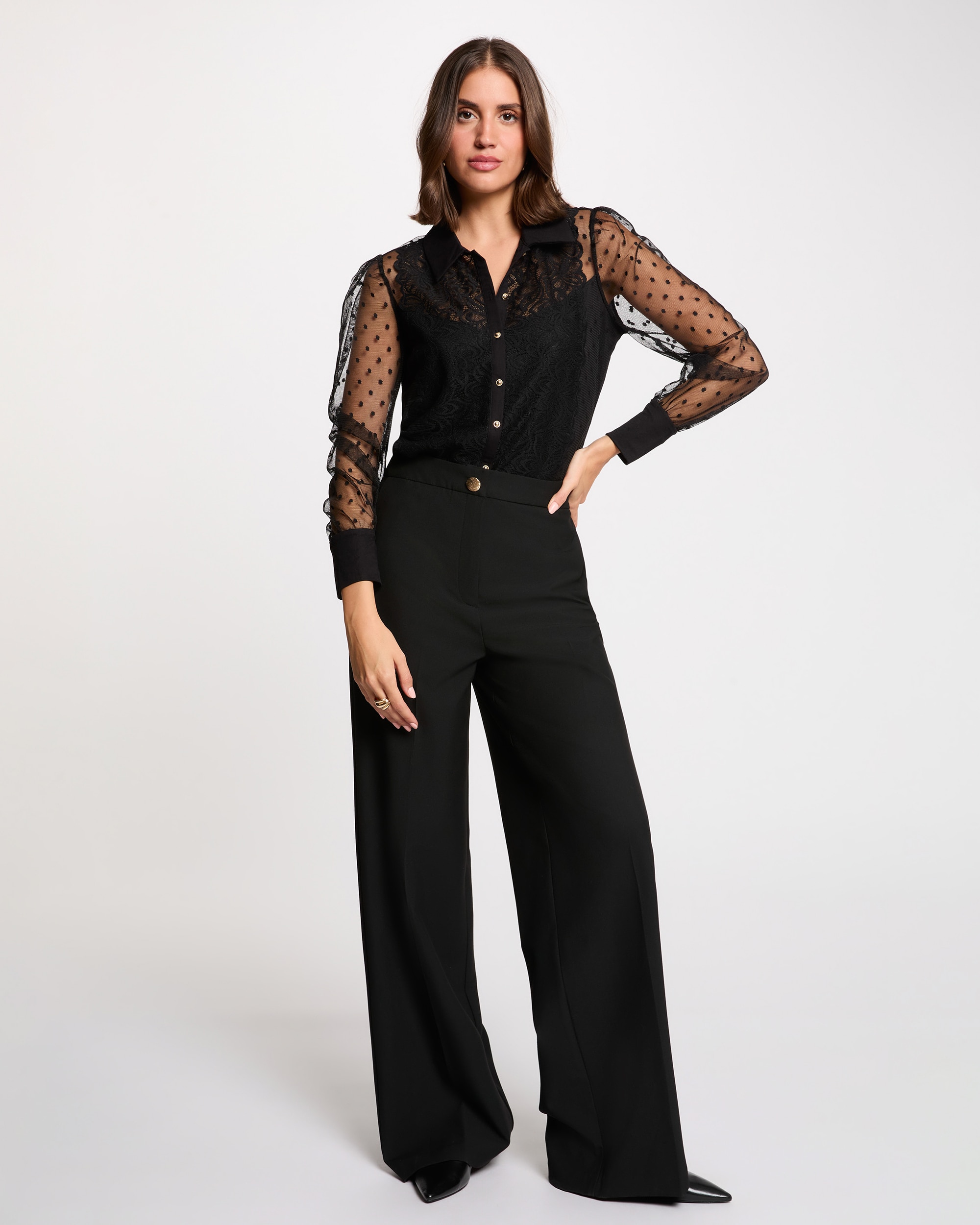 Blusa de Renda de Manga Comprida Preto-4