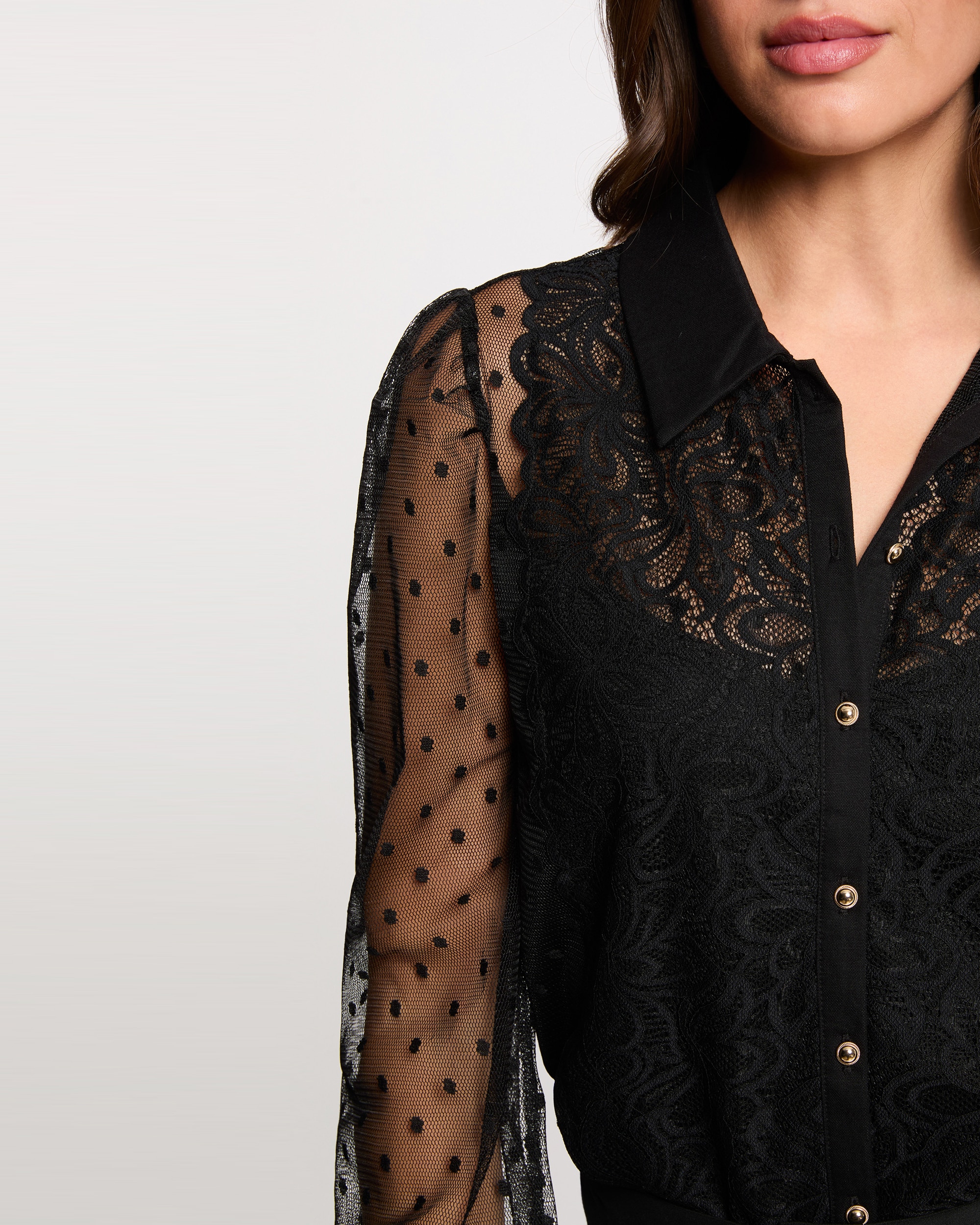 Blusa de Renda de Manga Comprida Preto-5