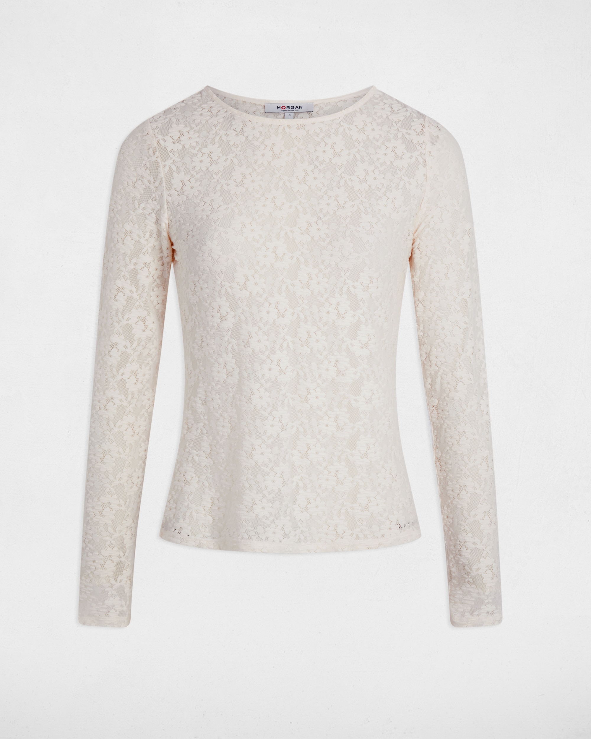 T-shirt Ajustada de Renda Creme-2