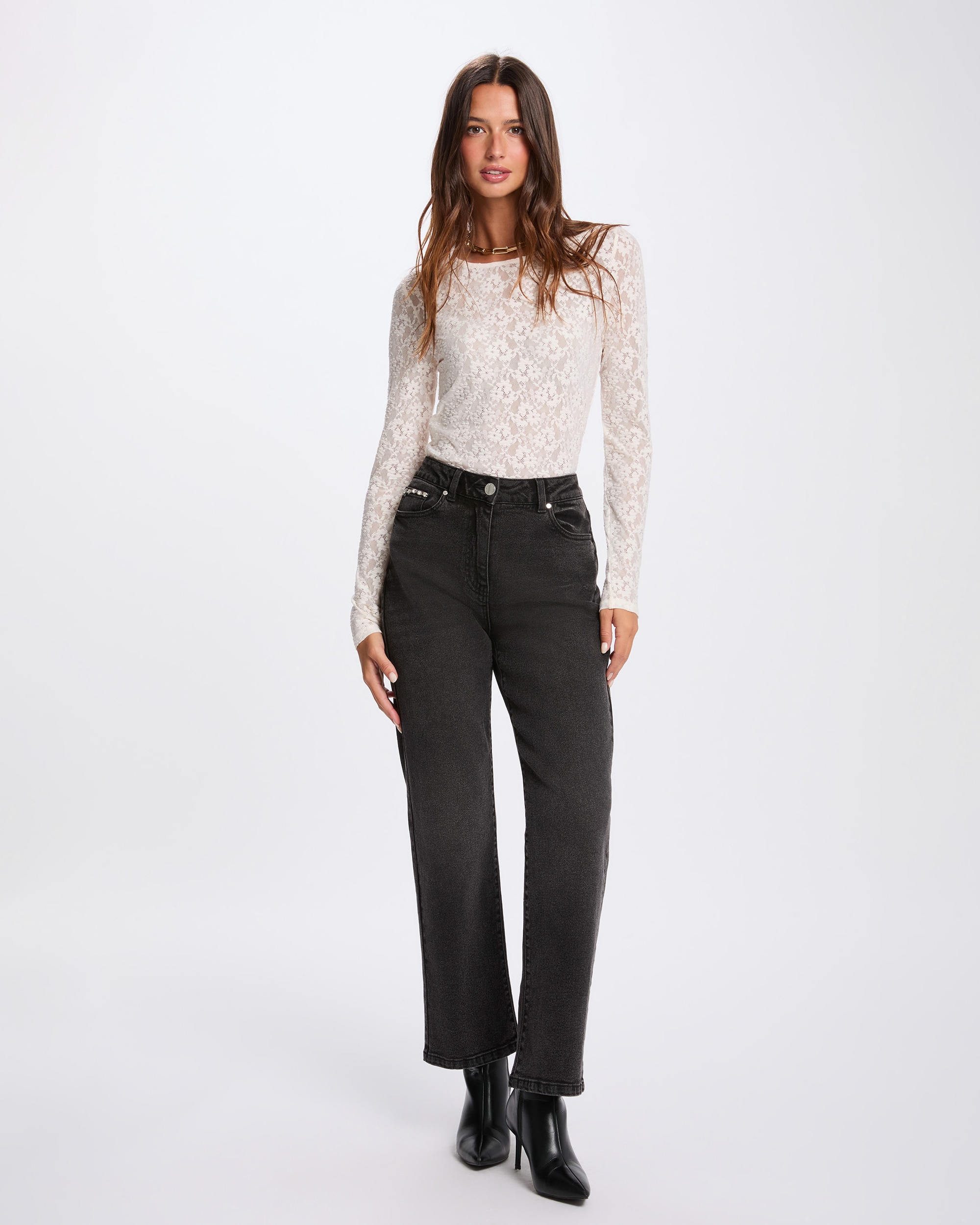 T-shirt Ajustada de Renda Creme-4