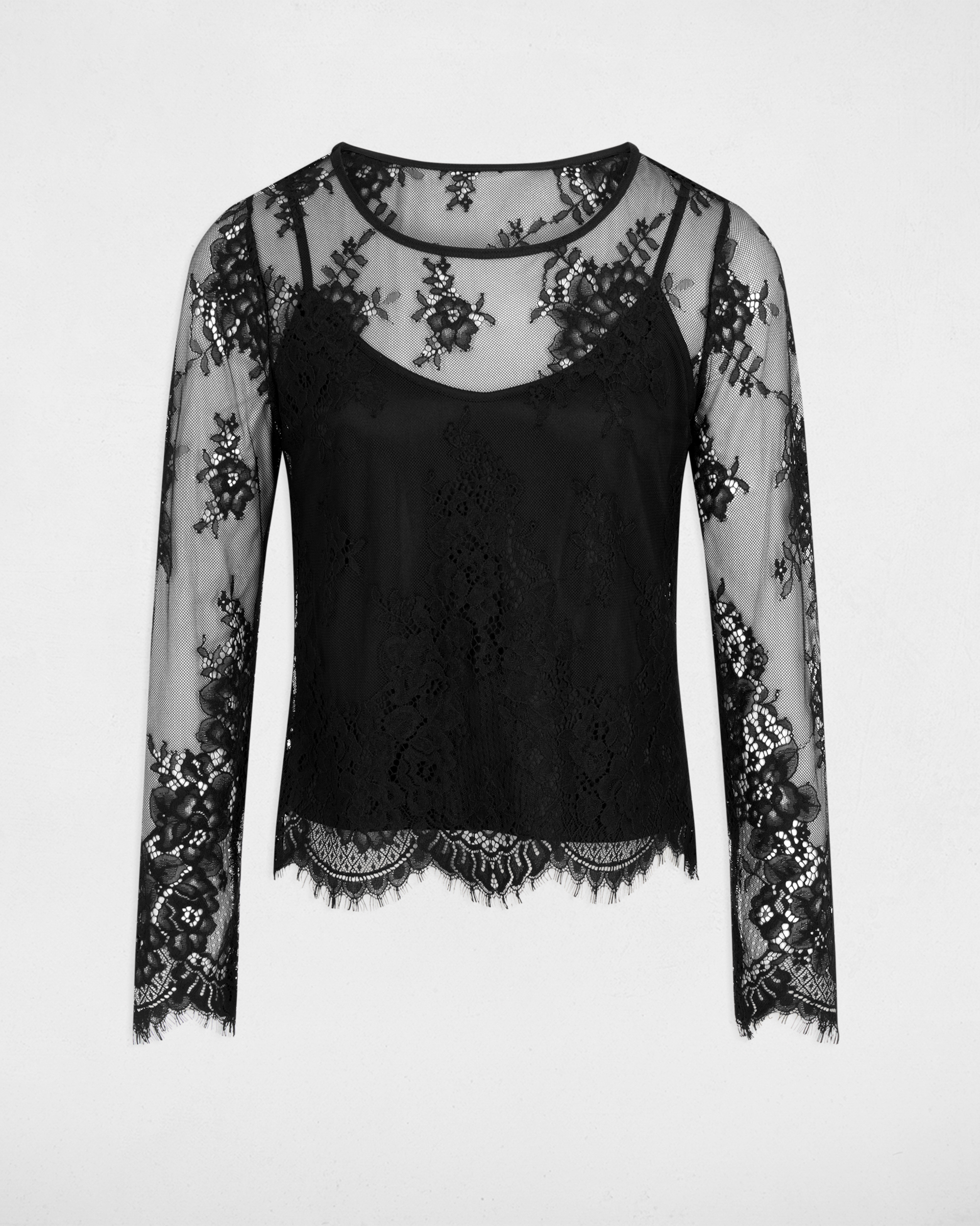 T-shirt de Renda de Manga Comprida Preto-2