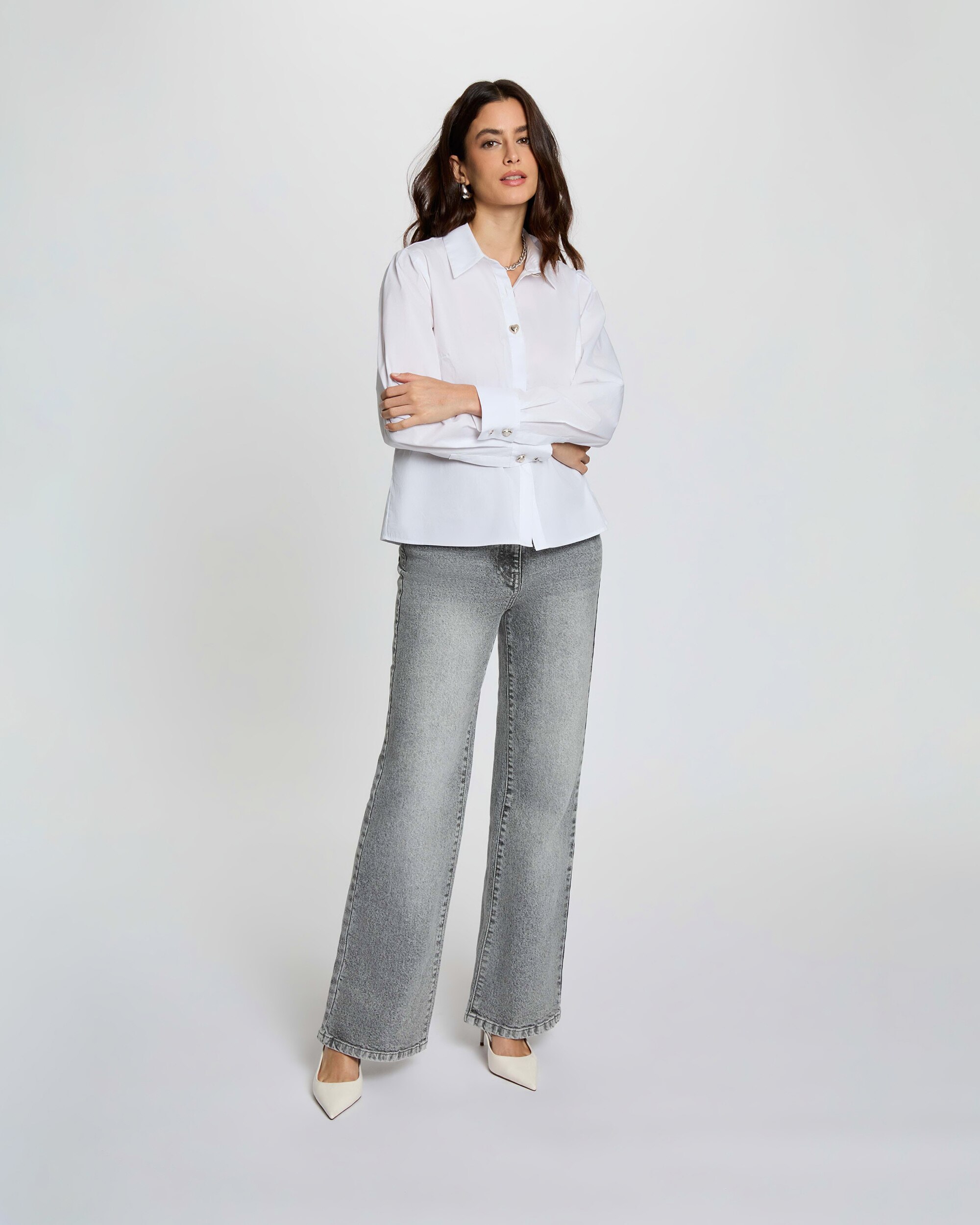 Jeans Largos de Cintura Subida Cinzento-4