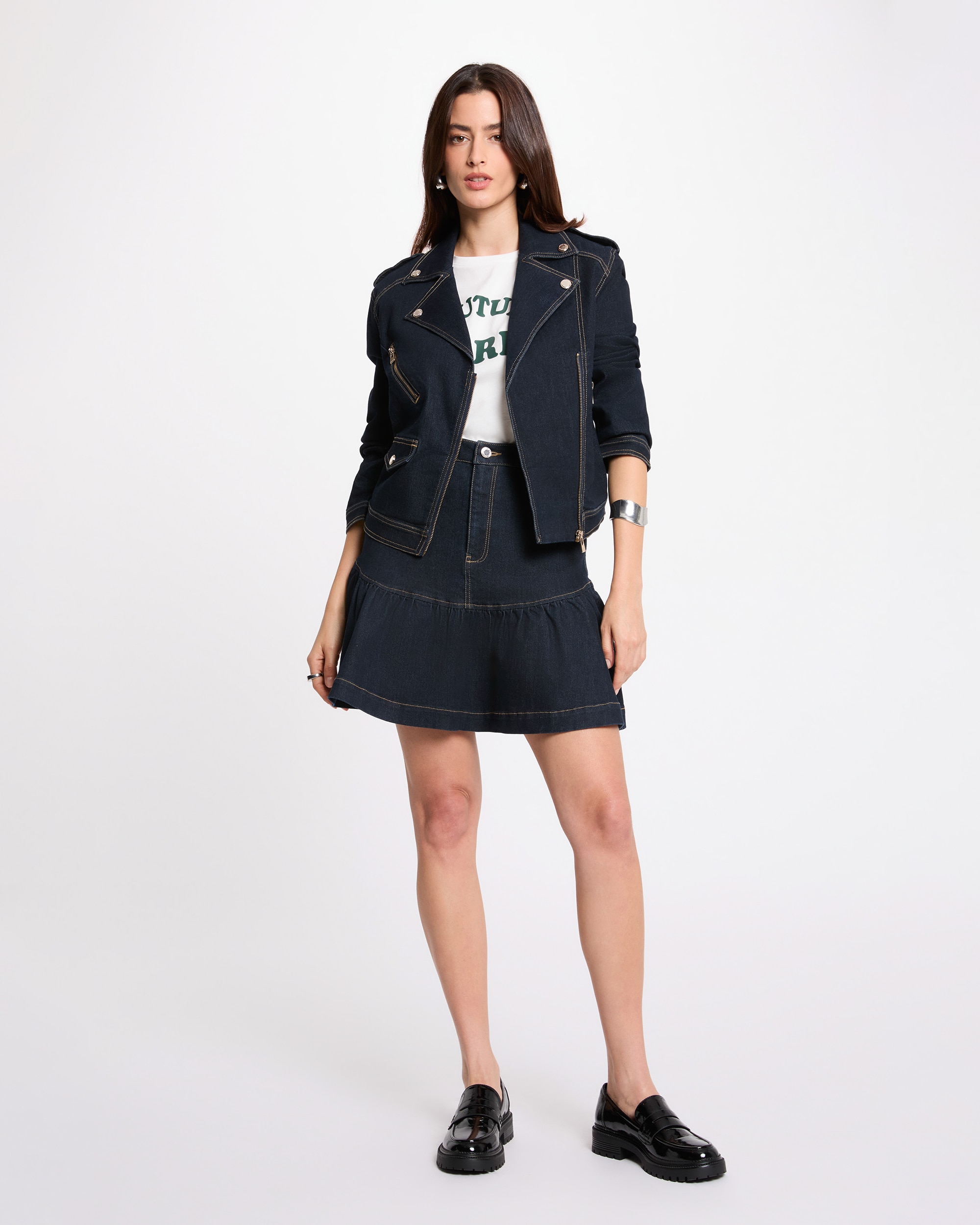 Casaco Jeans com Corte Biker Azul-4