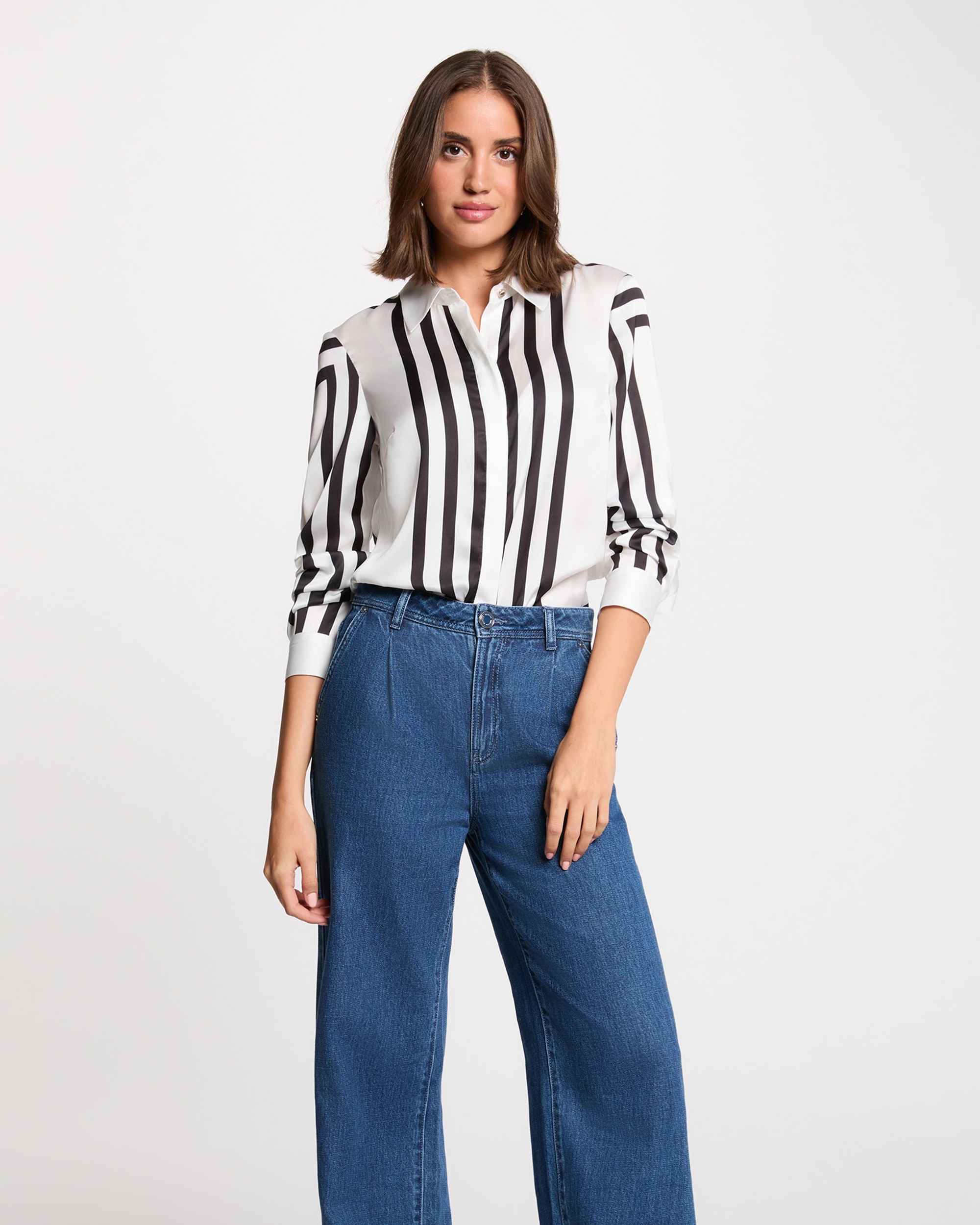 Camisa de Manga Comprida Às Riscas Branco-1