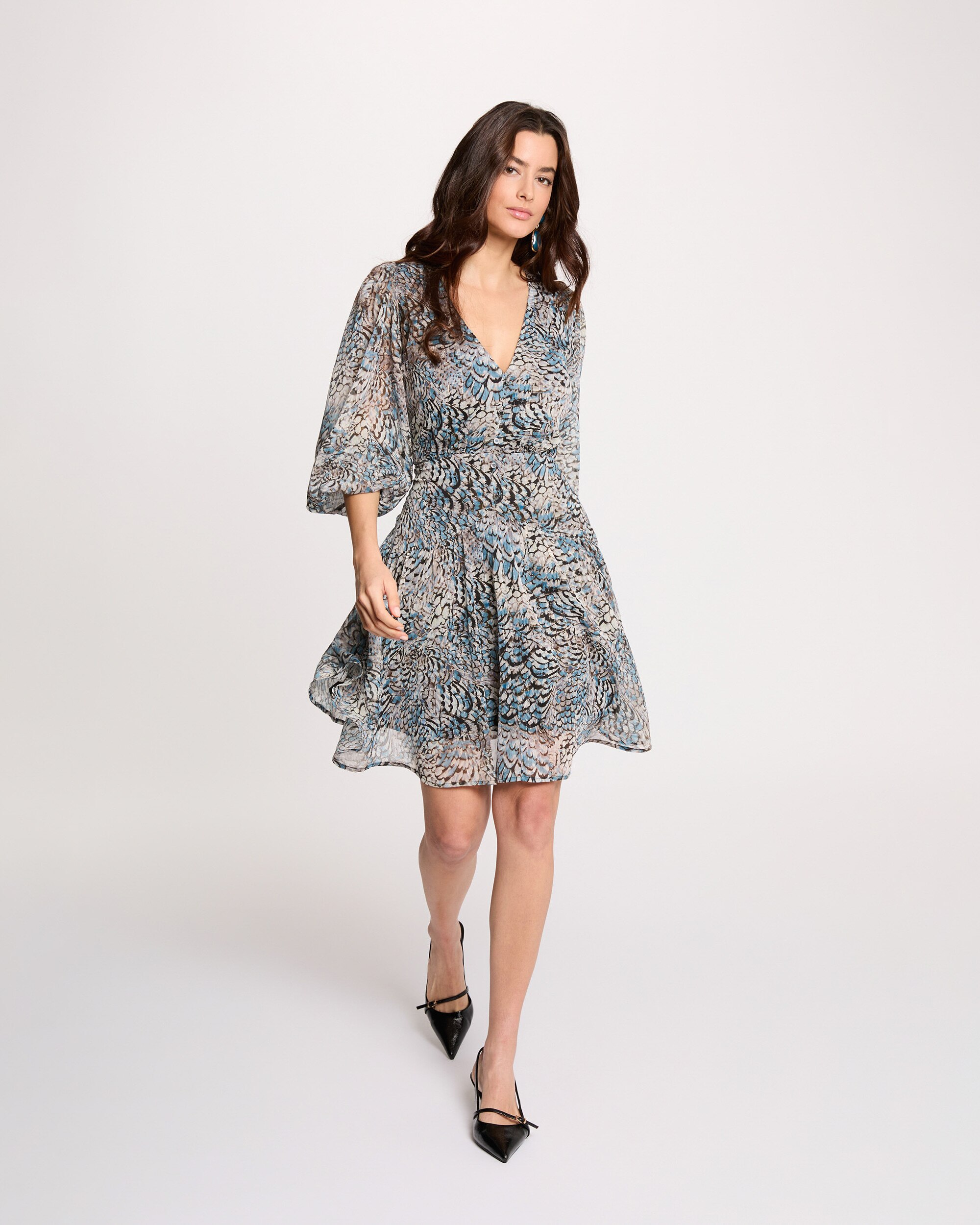 Vestido Curto com Mangas 3/4 Abalonadas Multicolor-4