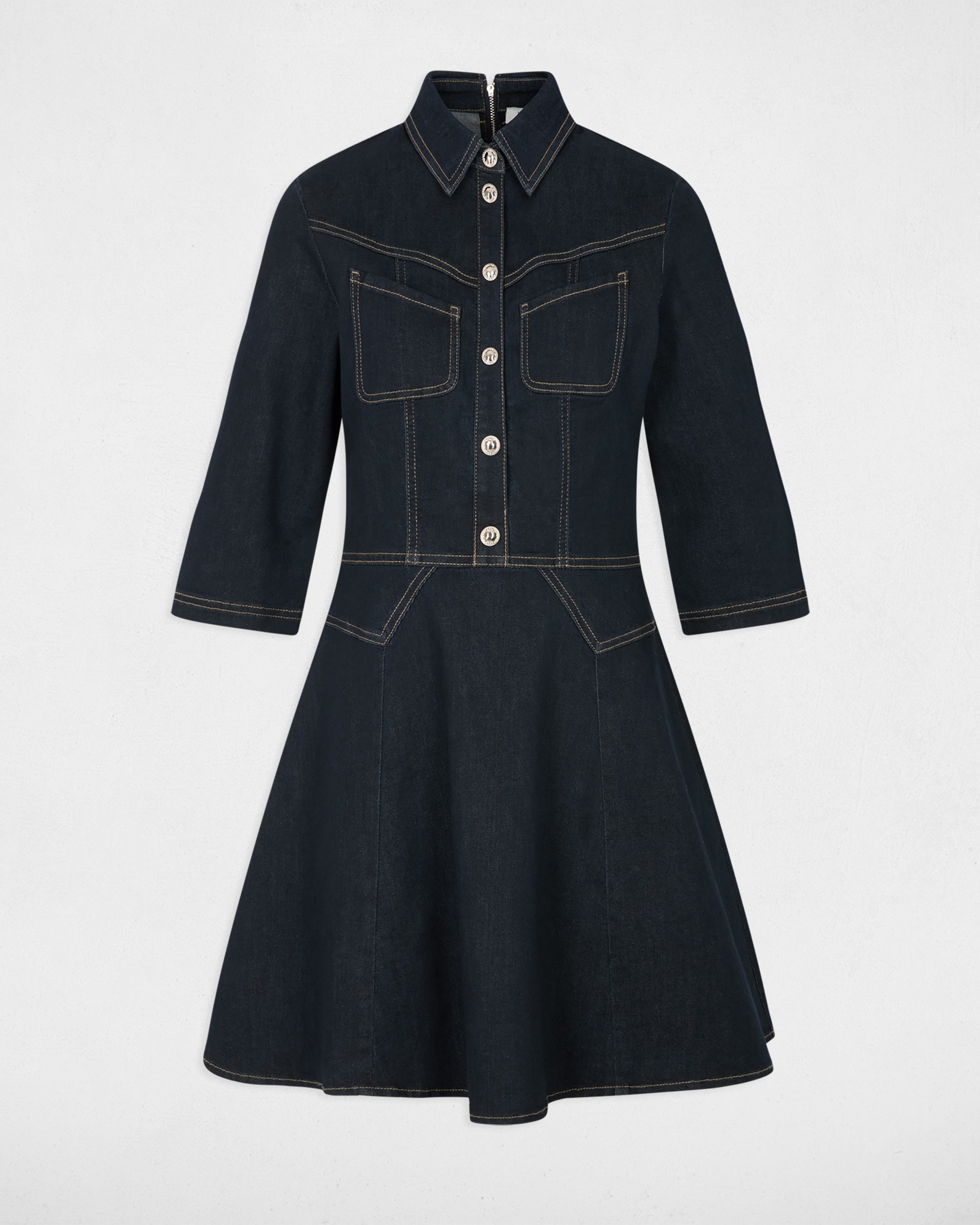 Vestido Curto de Tecido Jeans com Botões Azul-escuro-2