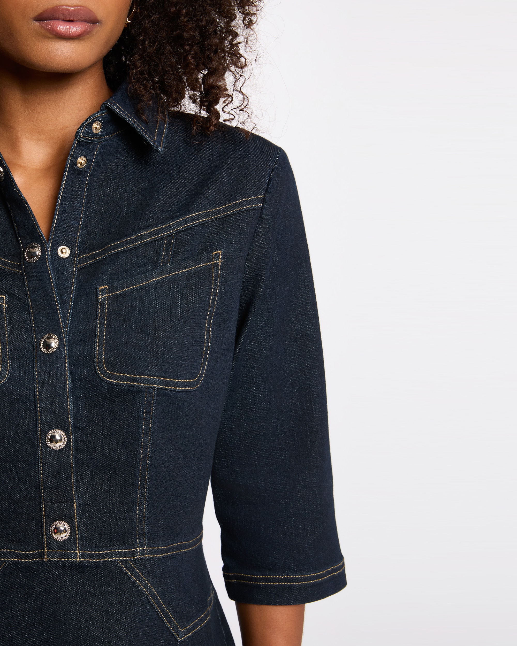 Vestido Curto de Tecido Jeans com Botões Azul-escuro-5
