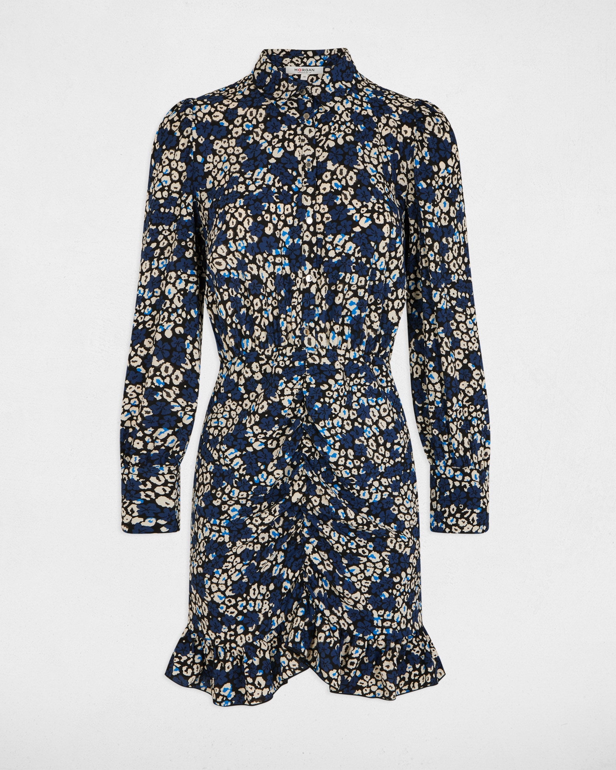 Vestido Curto Fluído com Gola Tipo Camisa e Estampado Floral Azul-escuro-2
