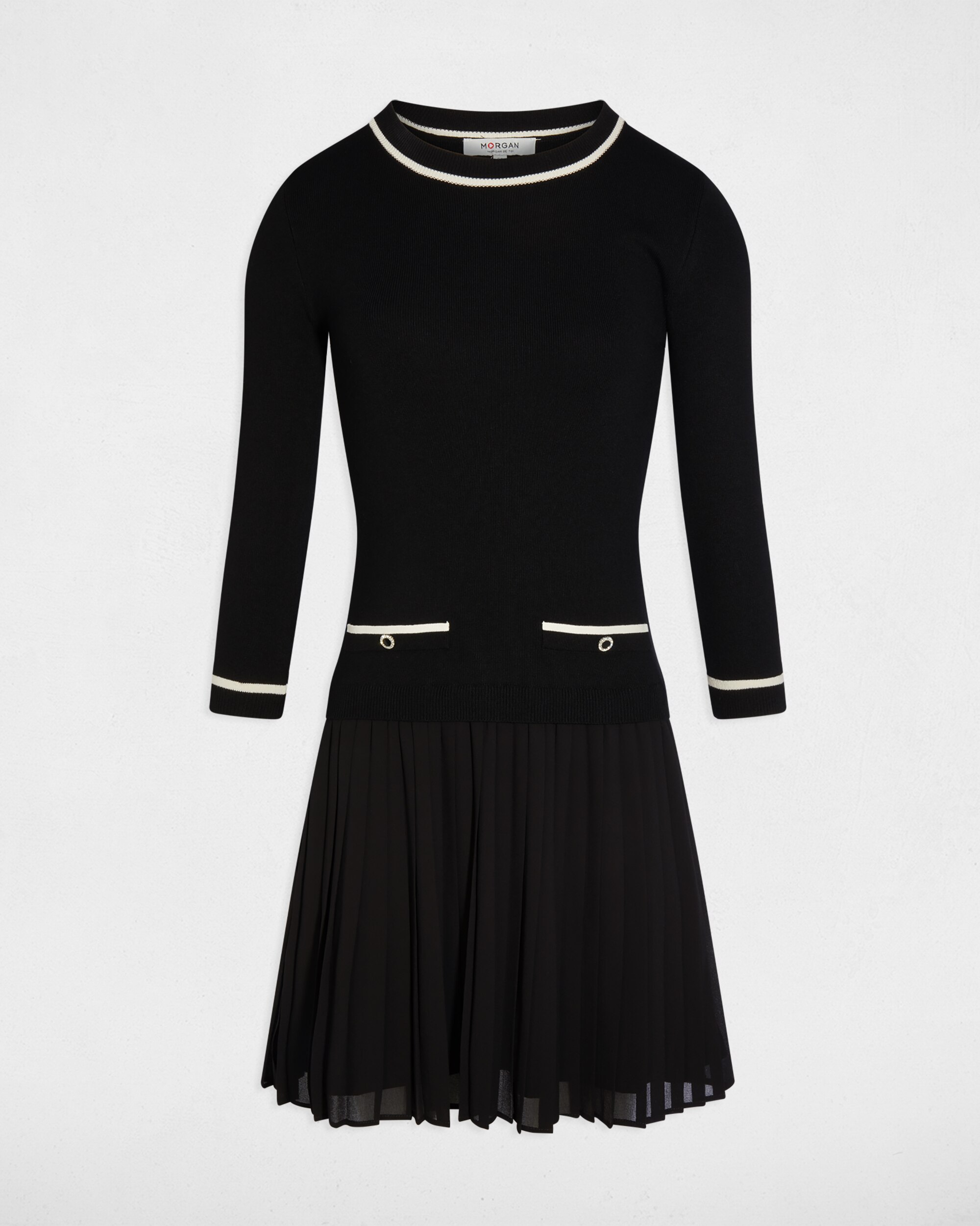 Vestido Curto Plissado com Rebordos em Contraste Preto-2
