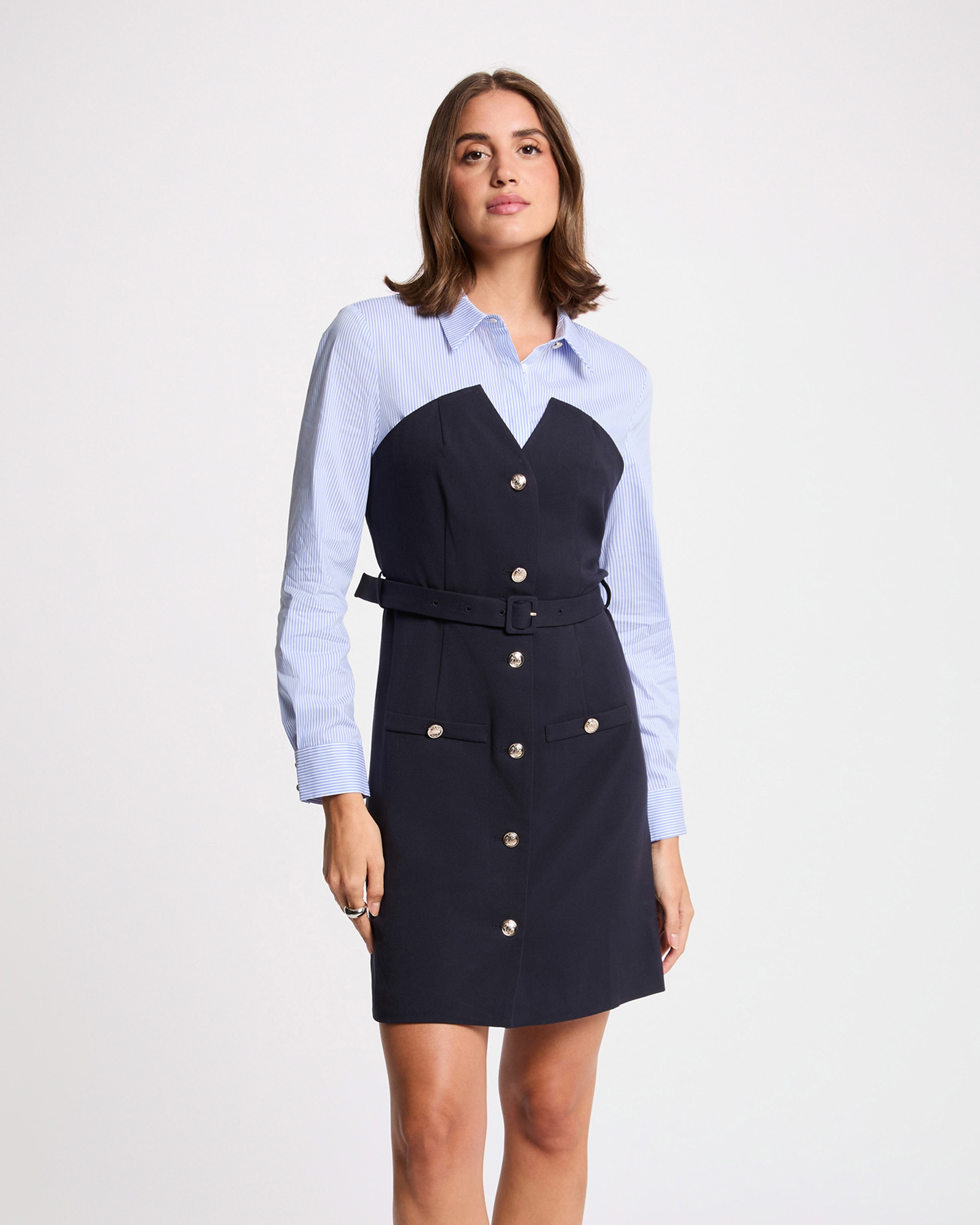 Vestido Curto Efeito Corset com Camisa Azul / Branco-1