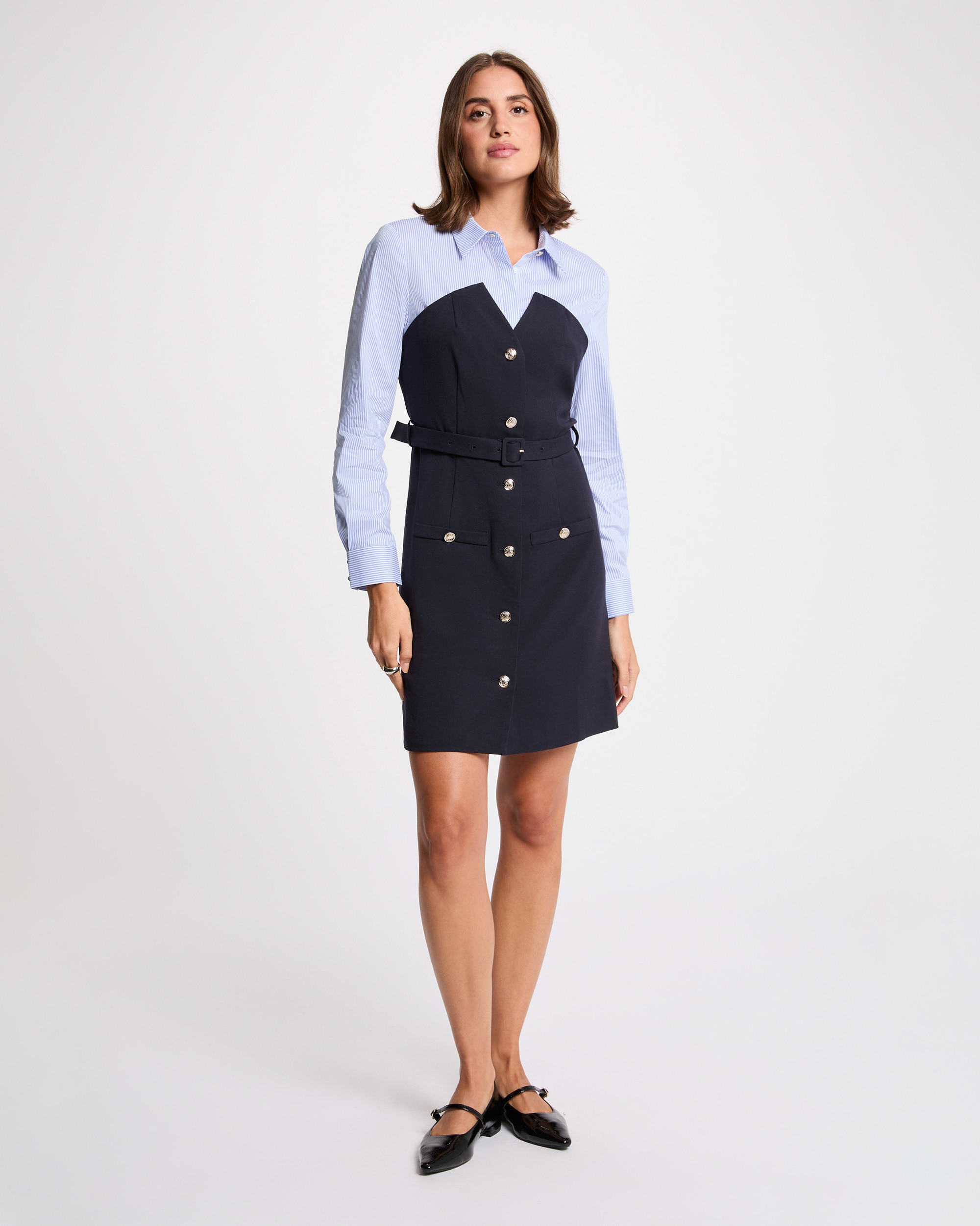 Vestido Curto Efeito Corset com Camisa Azul / Branco-4