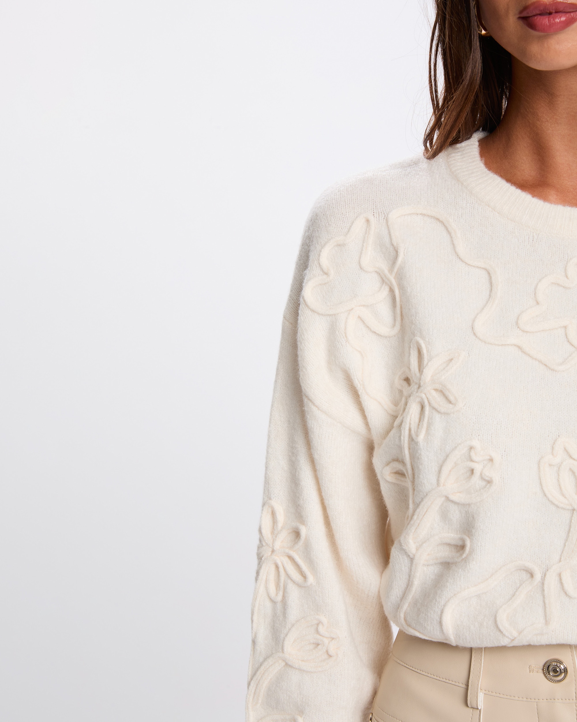 Camisola com Gola Redonda Fantasia Creme-5
