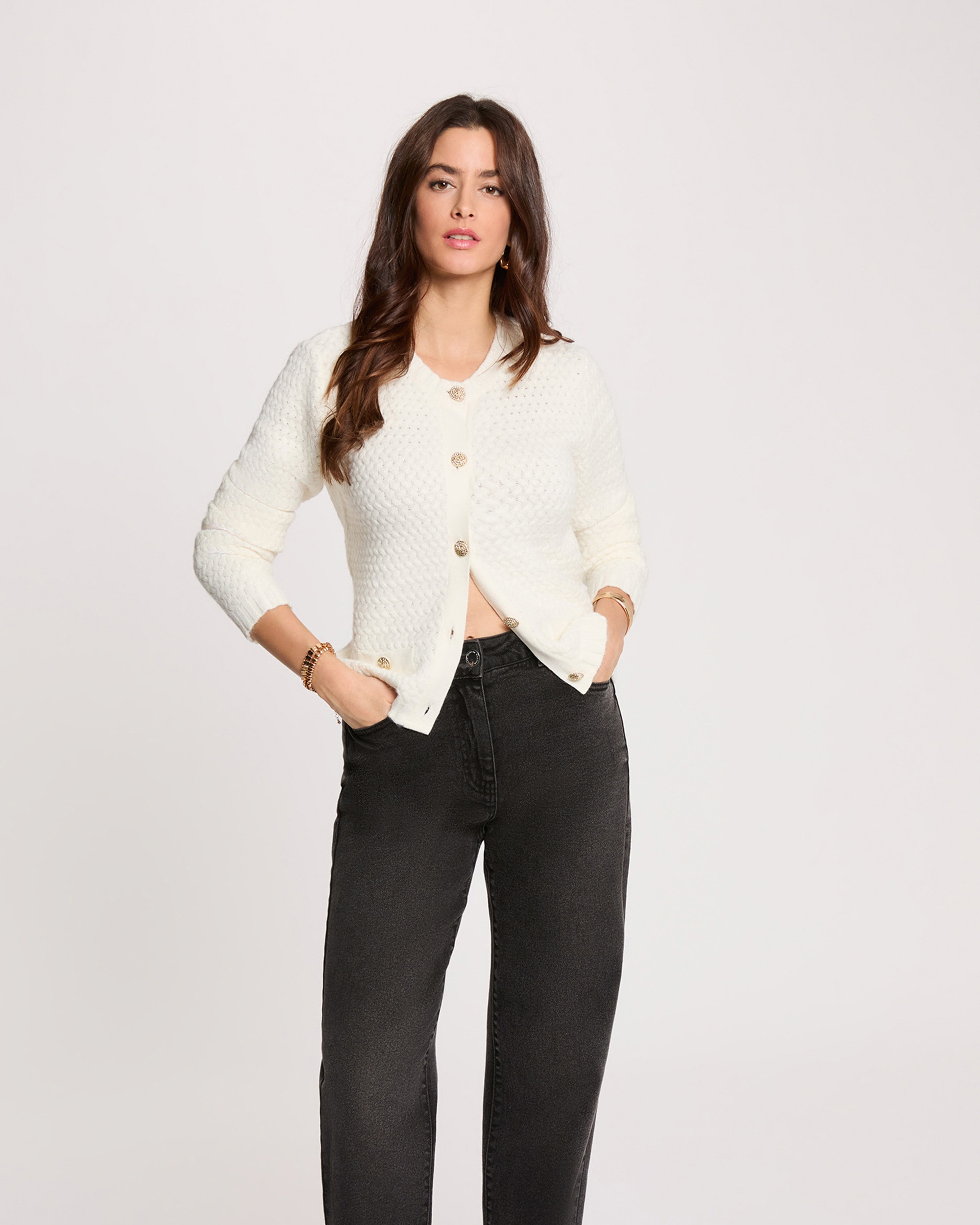 Cardigan com Corte a Direito e Gola Redonda Branco-1