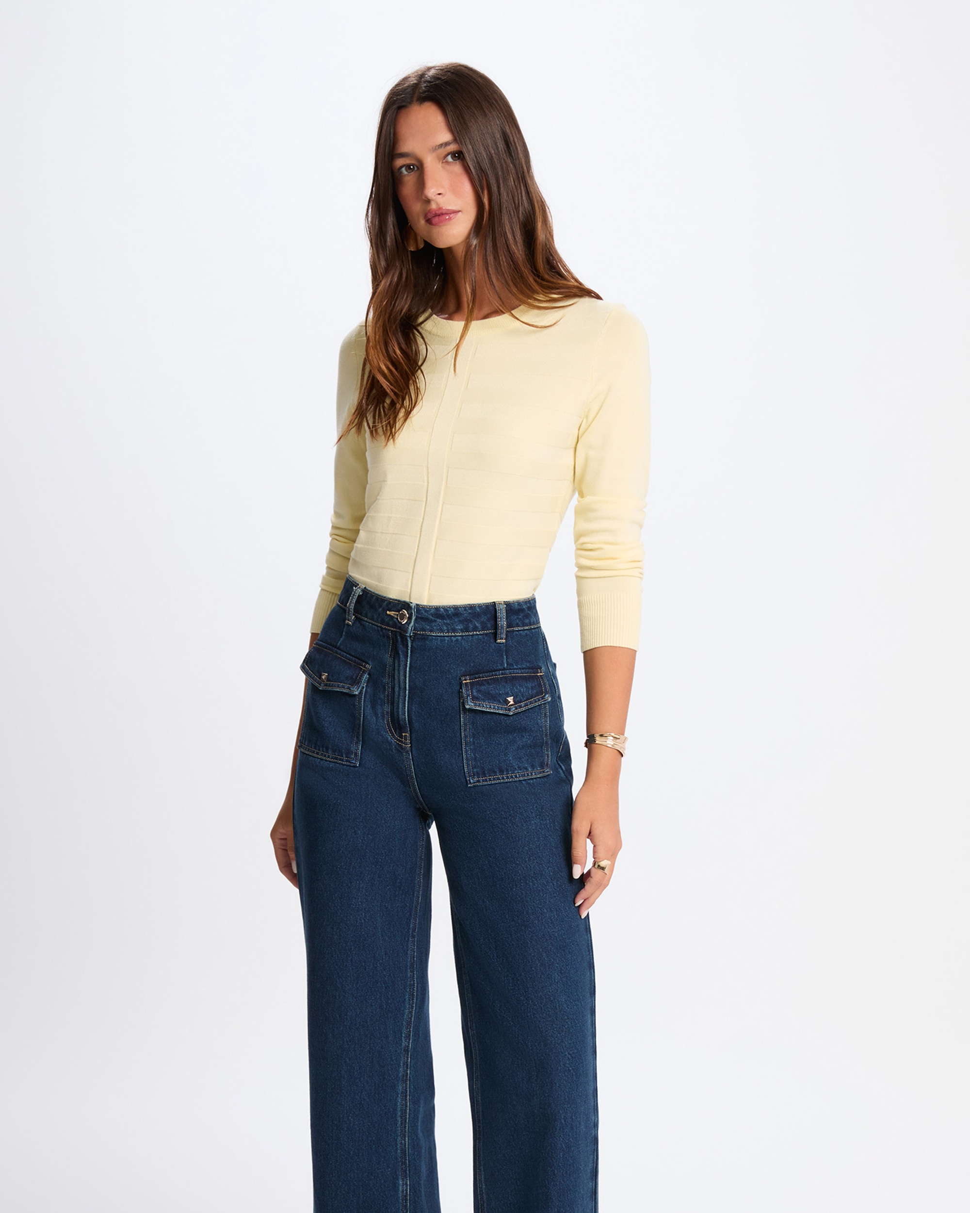 Camisola Ajustada com Gola Redonda Amarelo-1