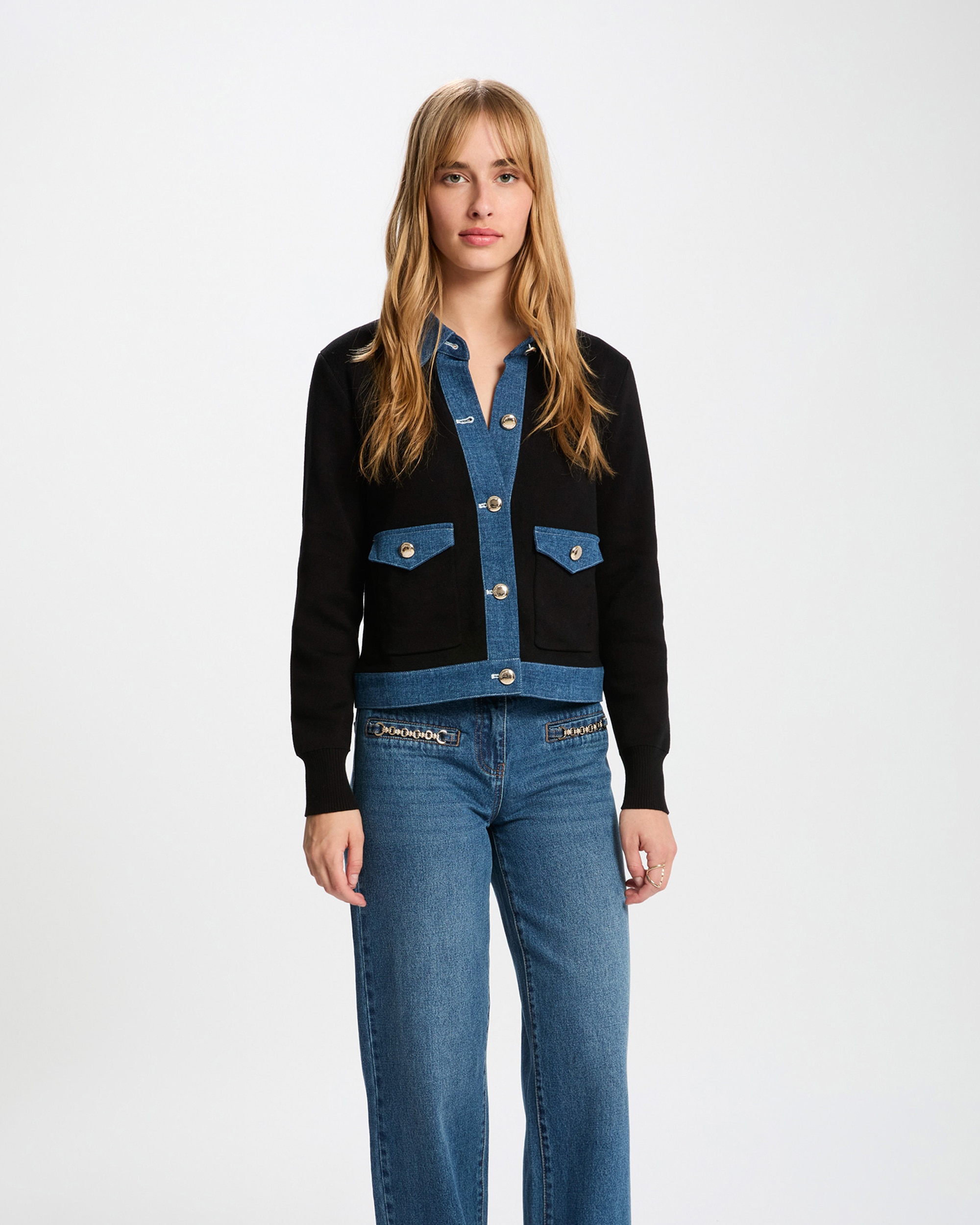 Cardigan com Gola de Lapela e Riscas Preto-1