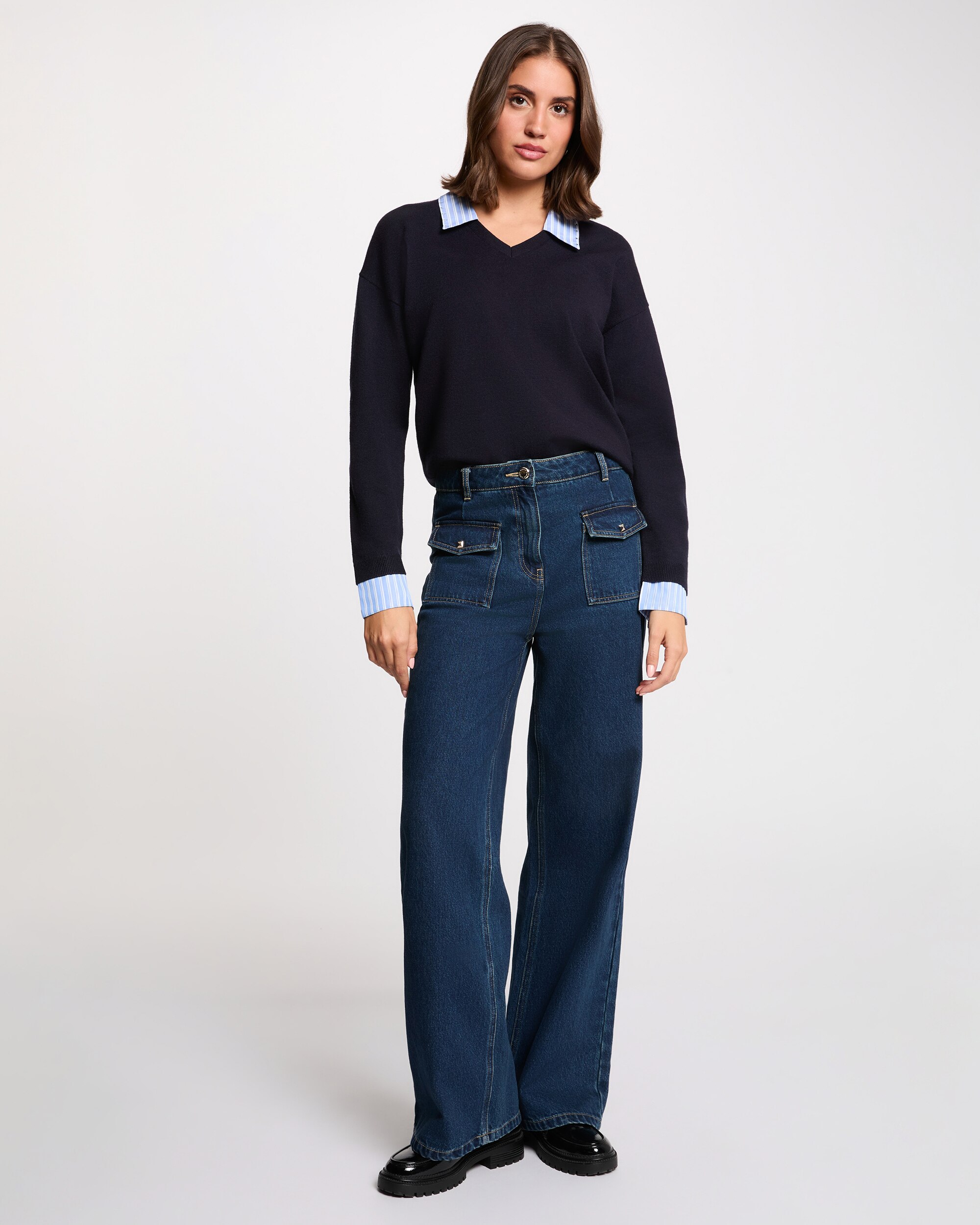 Camisola de Malha com Gola Tipo Camisa Azul-escuro-4