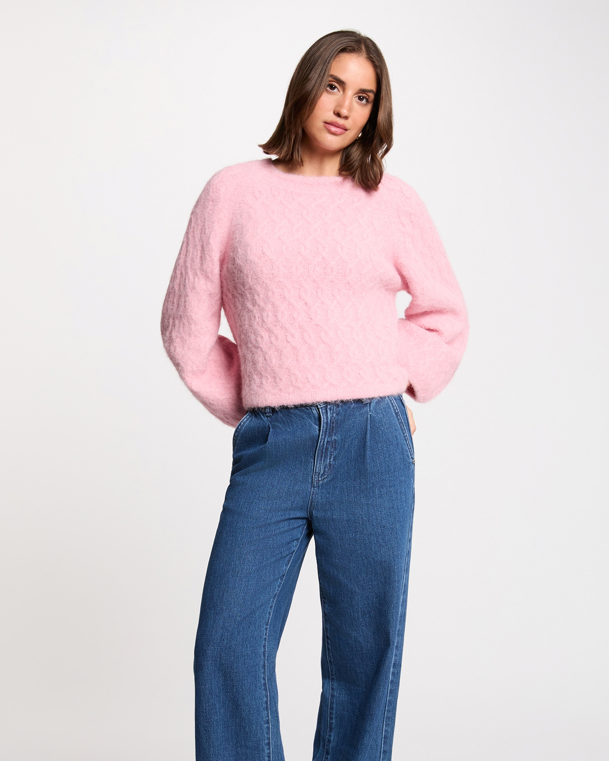 Camisola Grossa com Gola Redonda Rosa-1