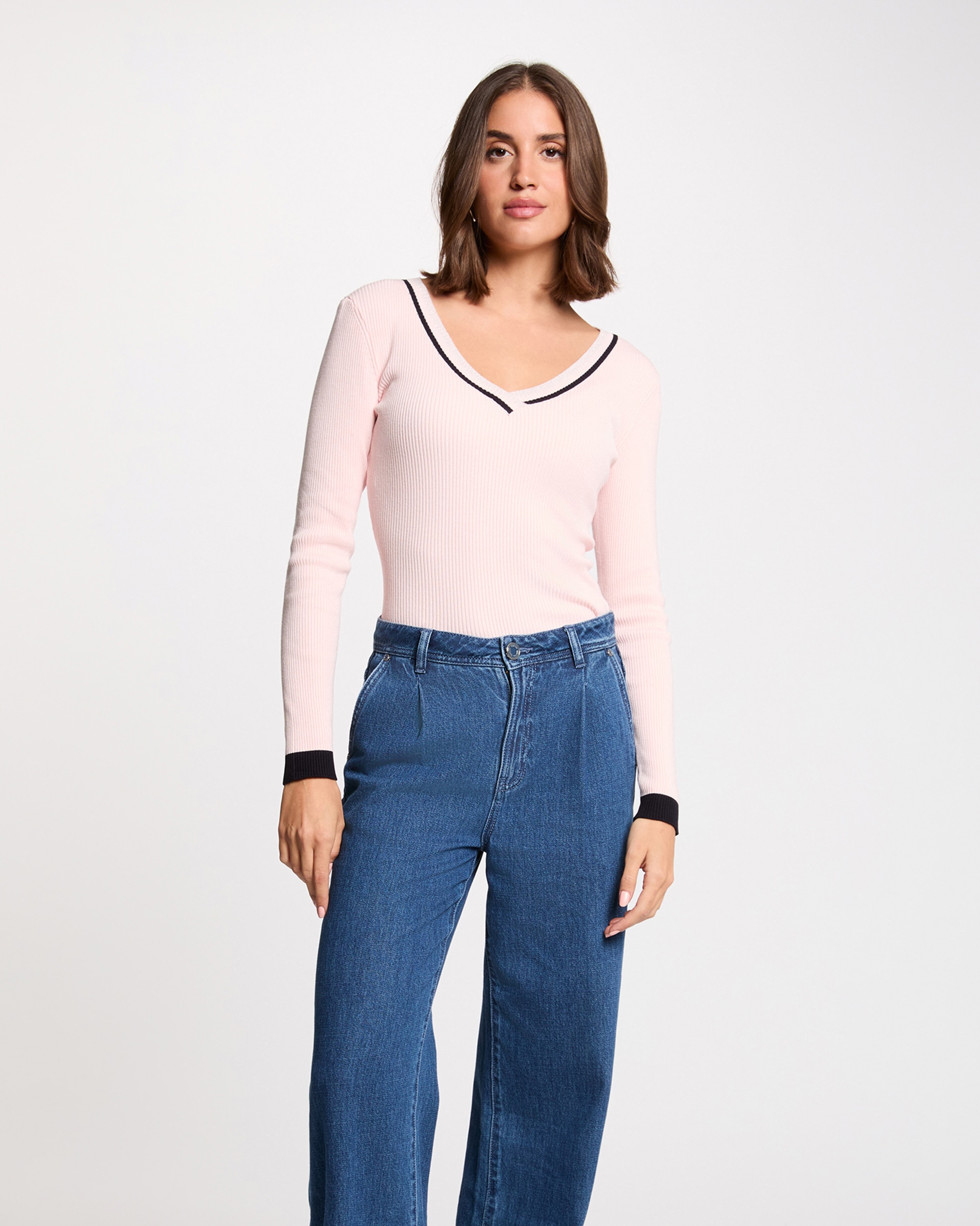 Camisola de Manga Comprida com Decote em V Rosa-1