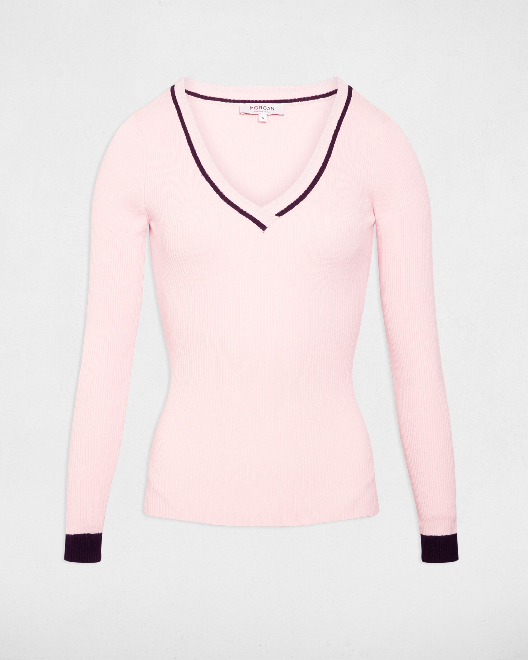 Camisola de Manga Comprida com Decote em V Rosa-2