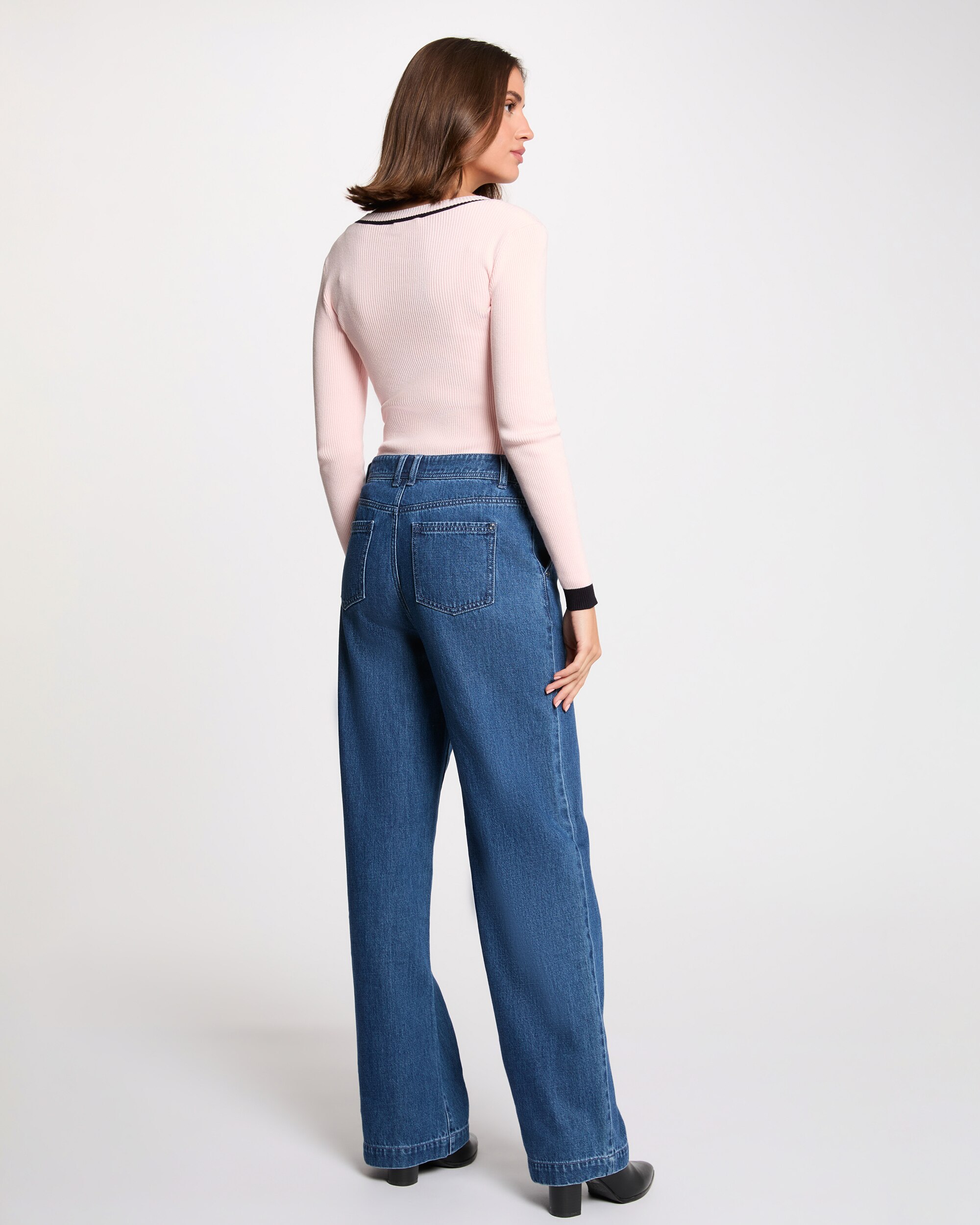 Camisola de Manga Comprida com Decote em V Rosa-3