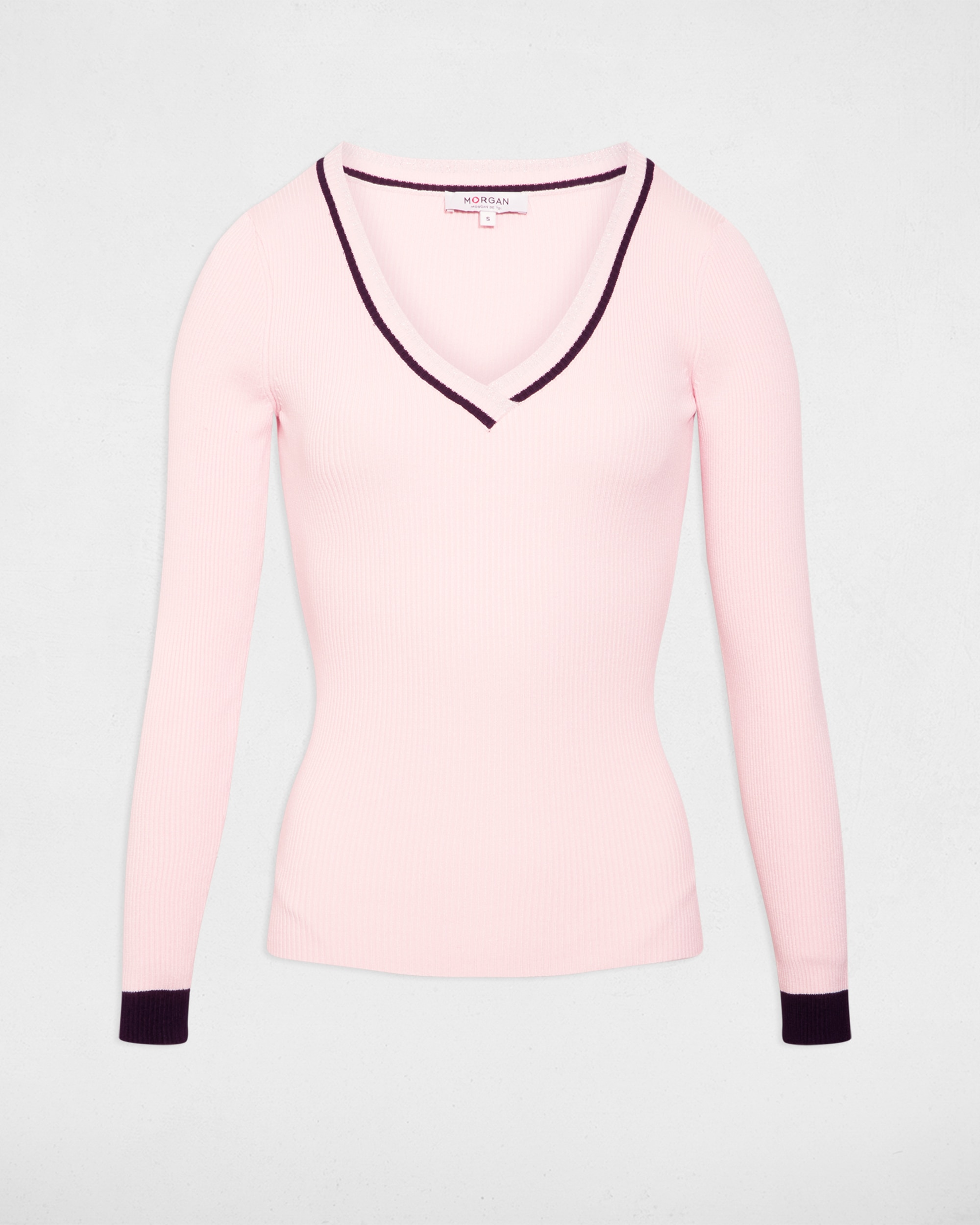 Camisola de Manga Comprida com Decote em V Rosa-2