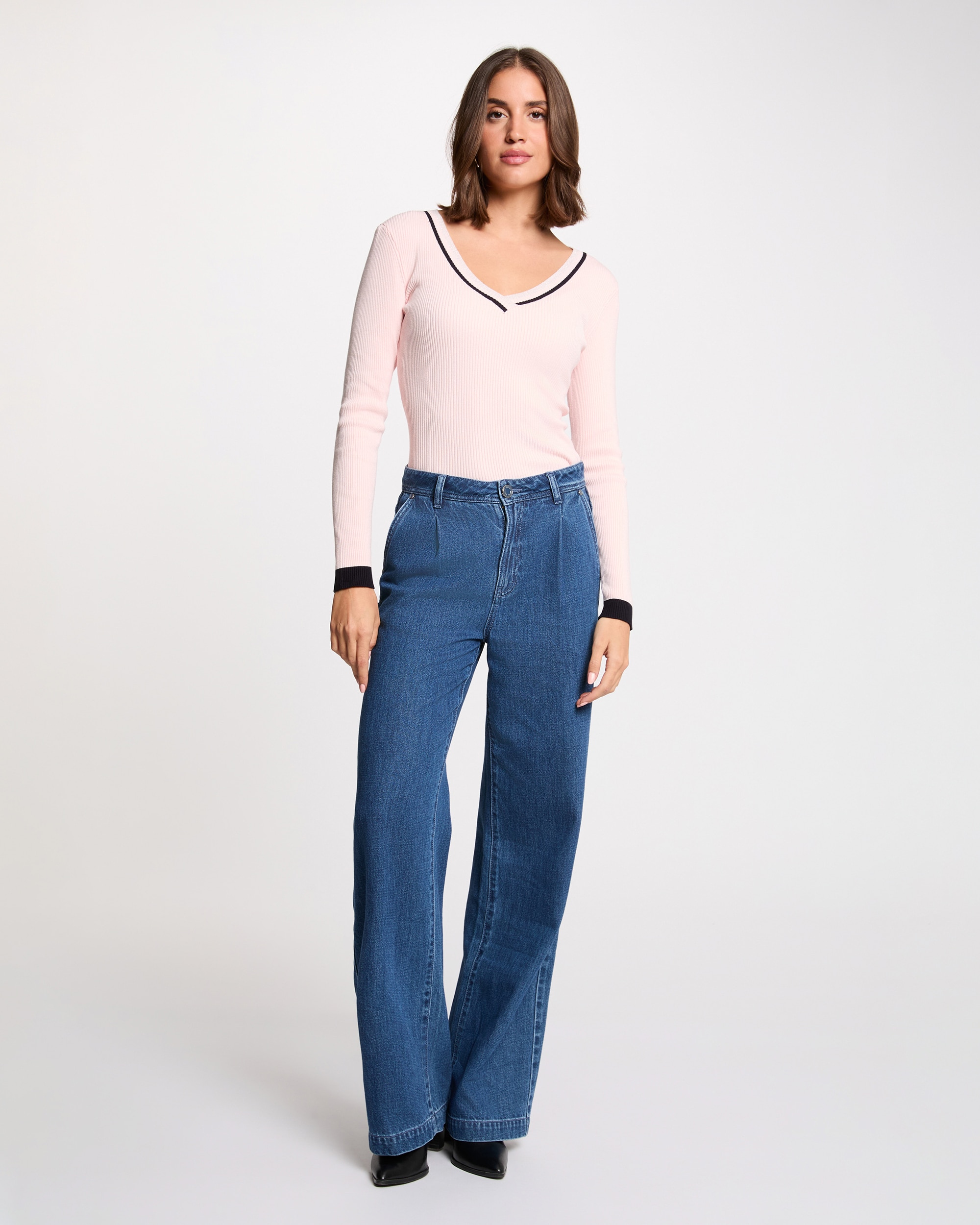 Camisola de Manga Comprida com Decote em V Rosa-4