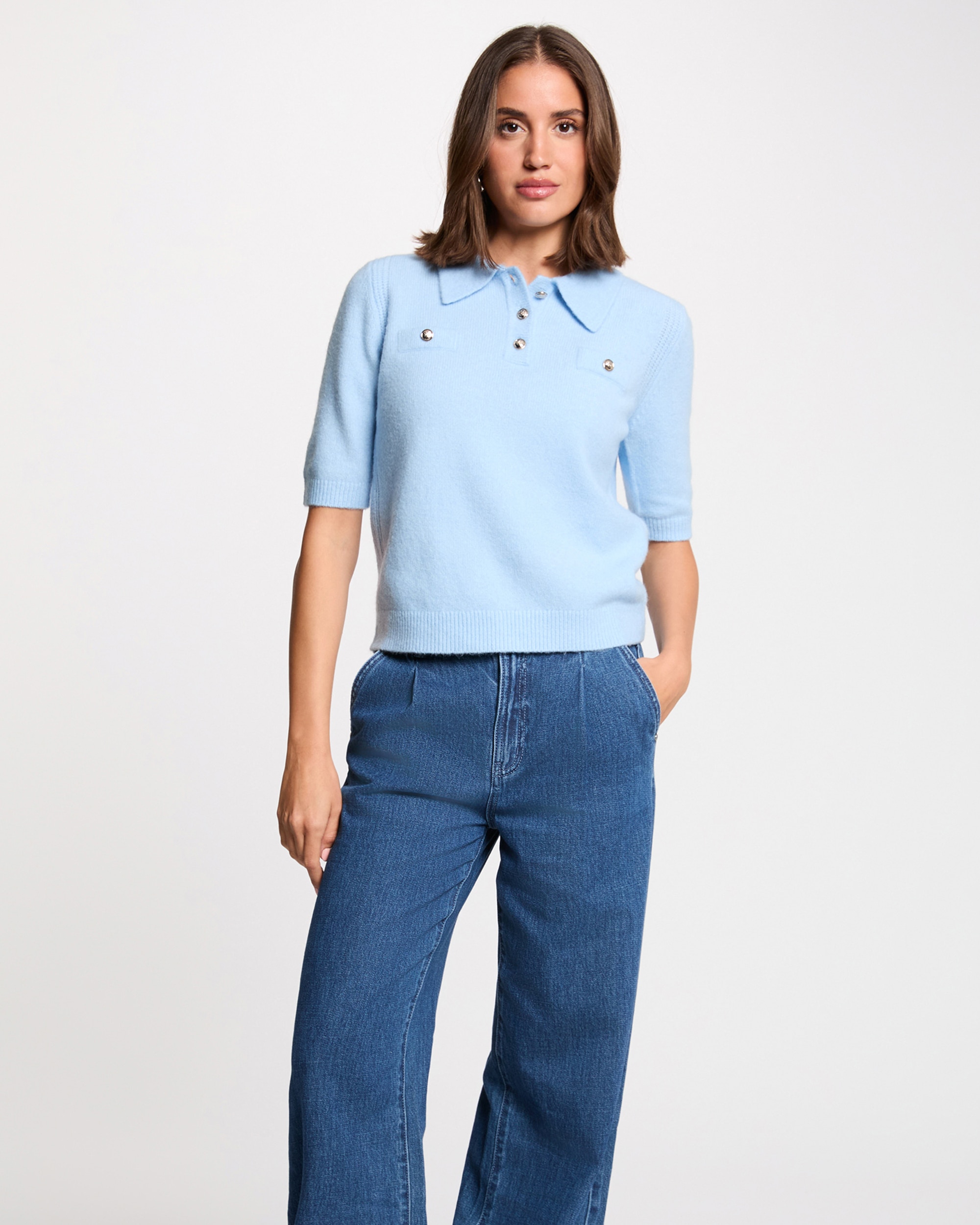 Camisola Ajustada com Manga Curta Azul-claro-1