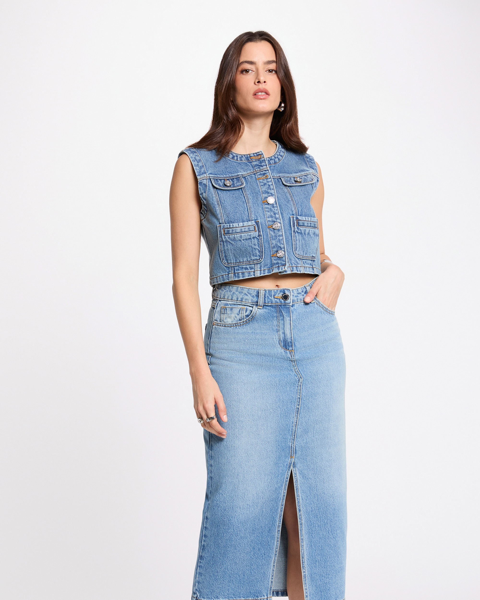 Colete Jeans com Bolsos Azul-1