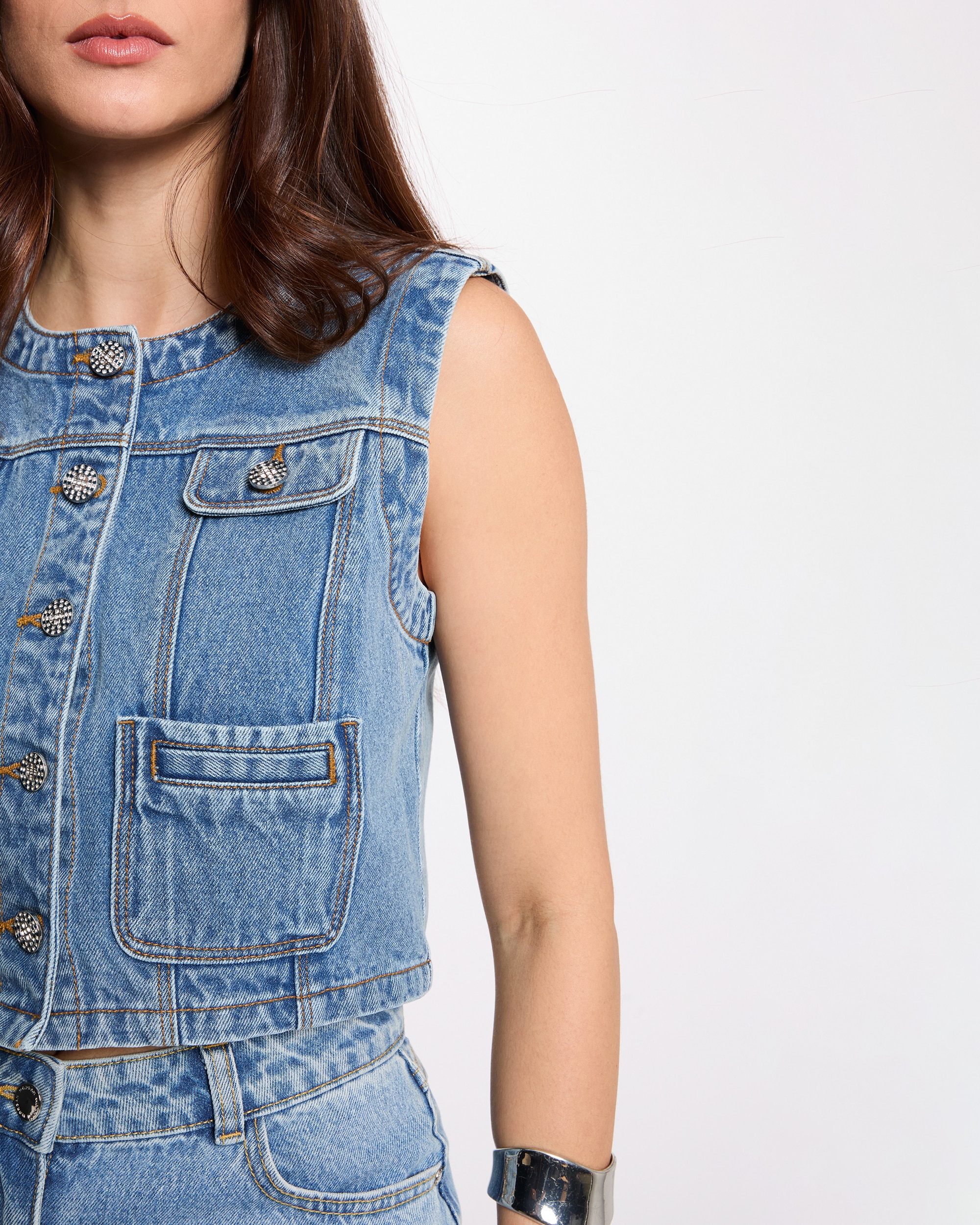Colete Jeans com Bolsos Azul-5