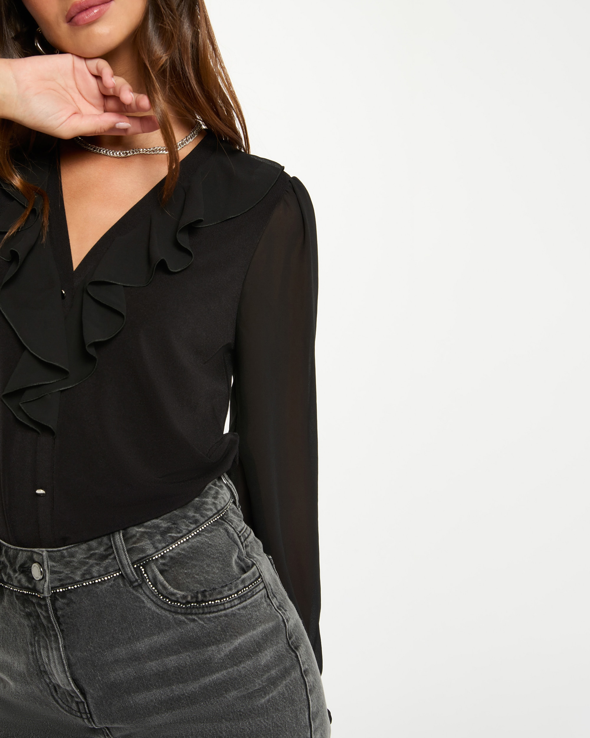 Blusa de Gase com Gola em V Preto-5
