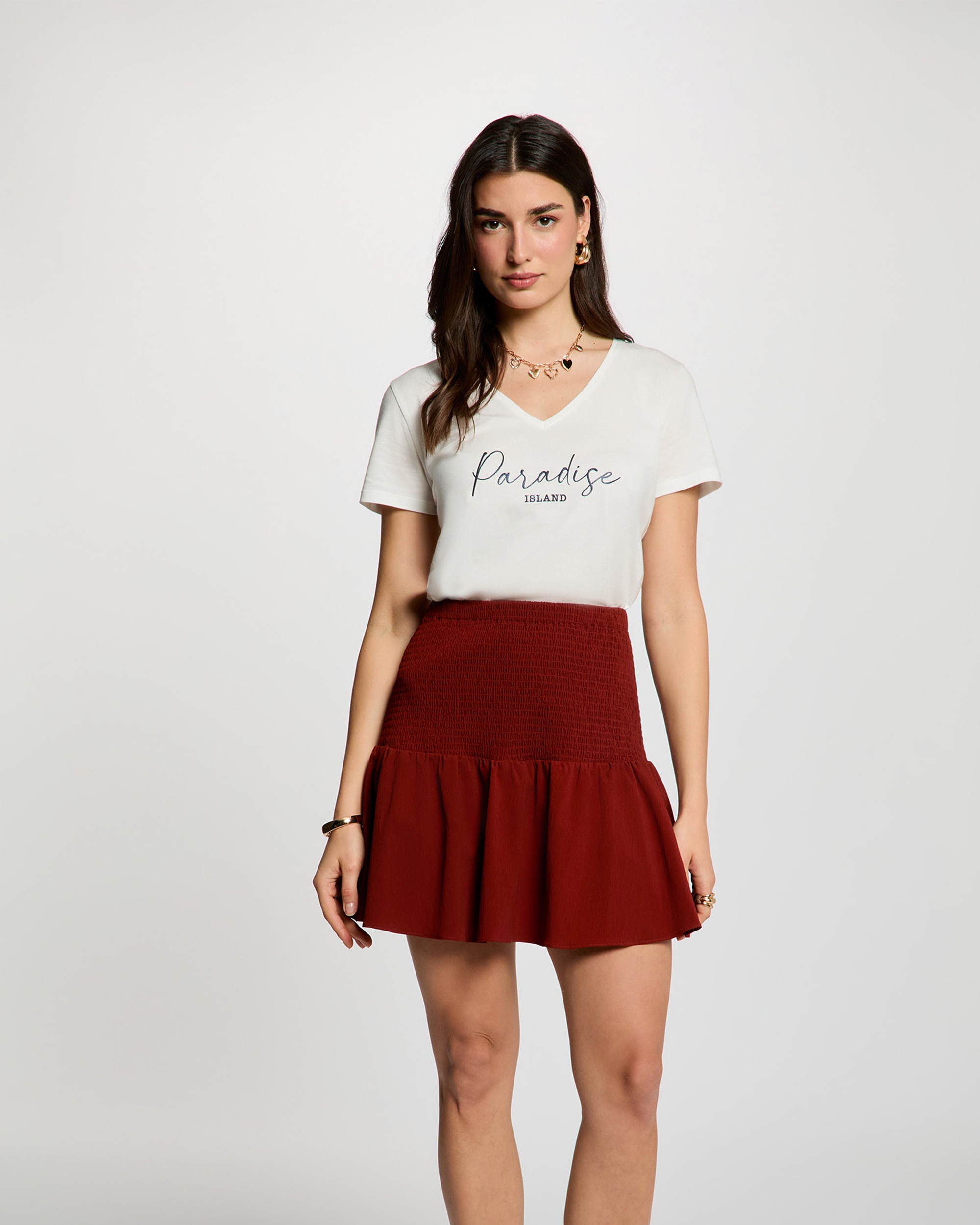 T-shirt com Decote em V de Manga Curta Branco-1