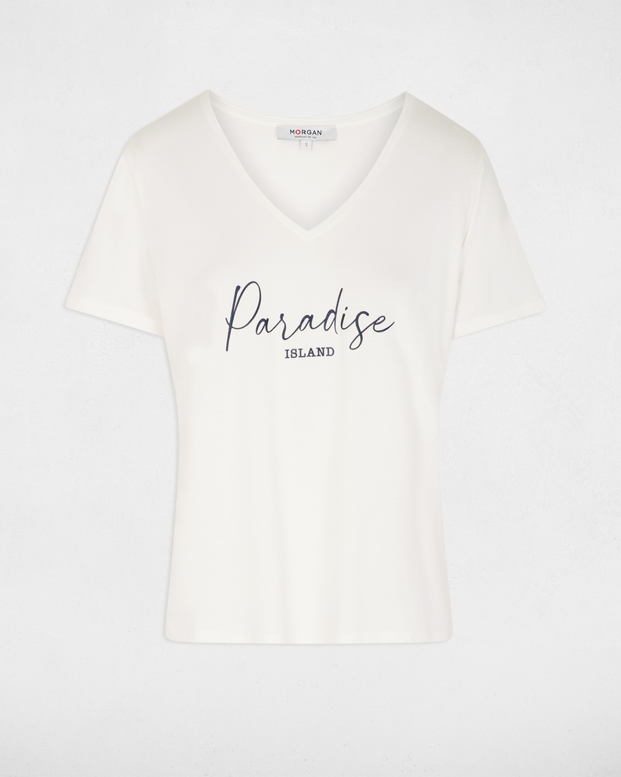 T-shirt com Decote em V de Manga Curta Branco-2