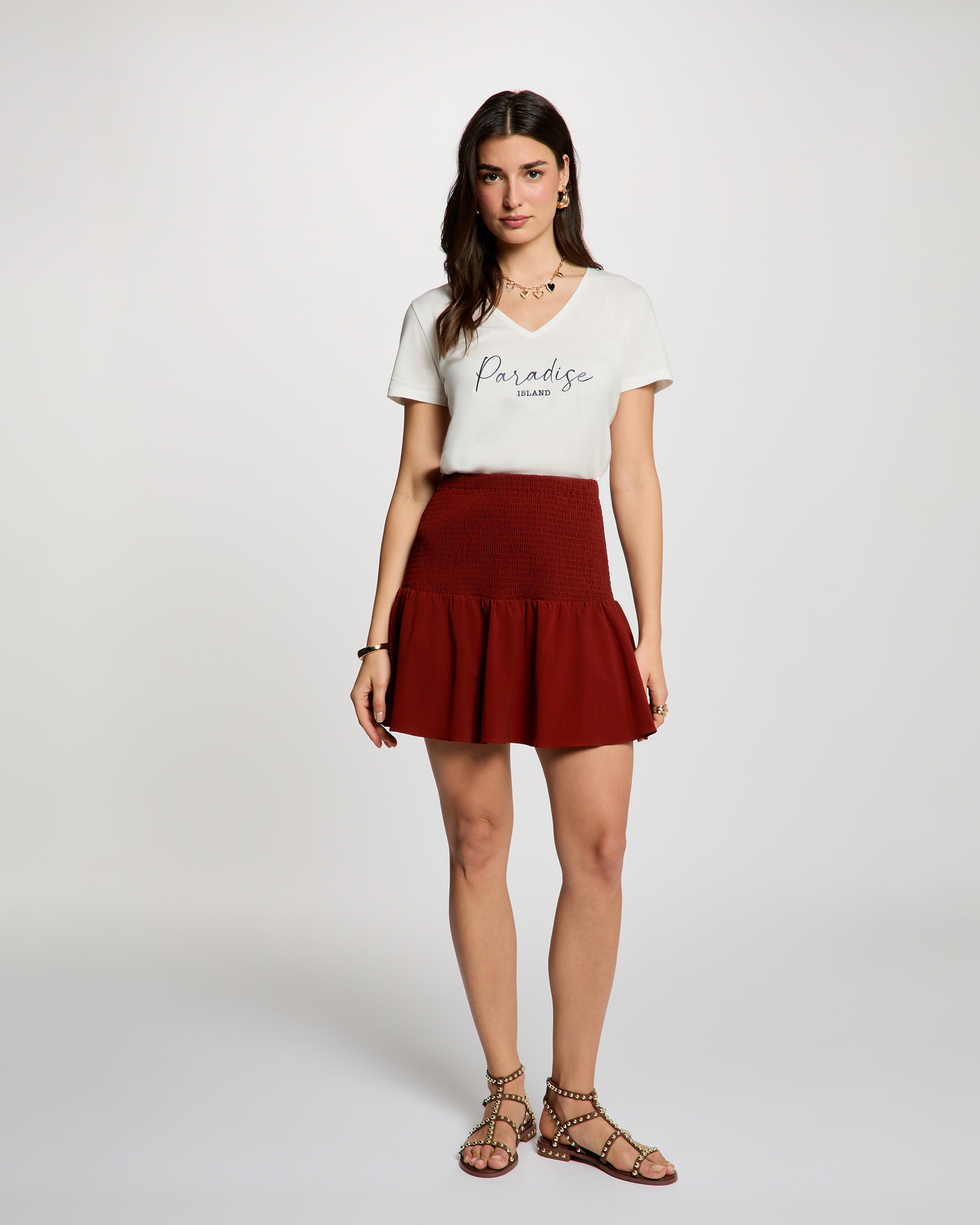 T-shirt com Decote em V de Manga Curta Branco-4