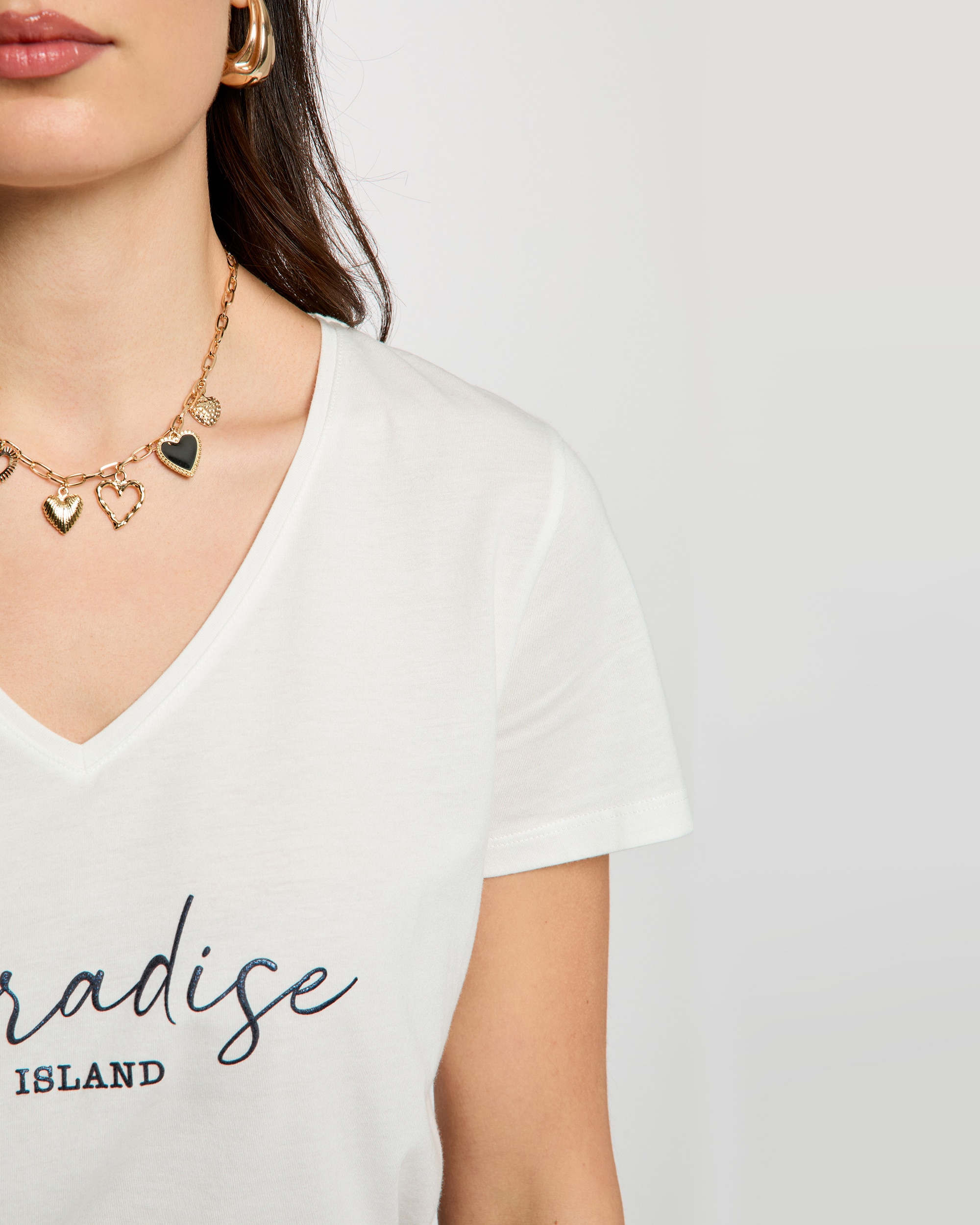 T-shirt com Decote em V de Manga Curta Branco-5