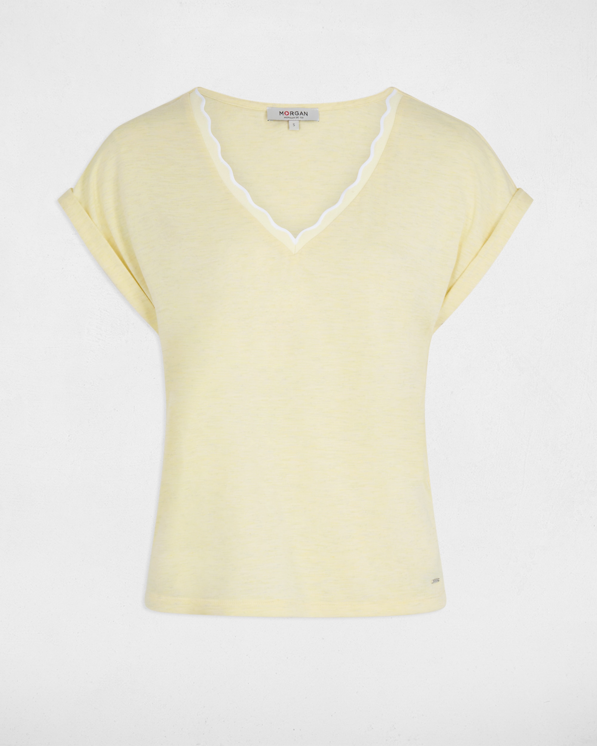 T-shirt com Decote em V de Manga Curta Amarelo-2