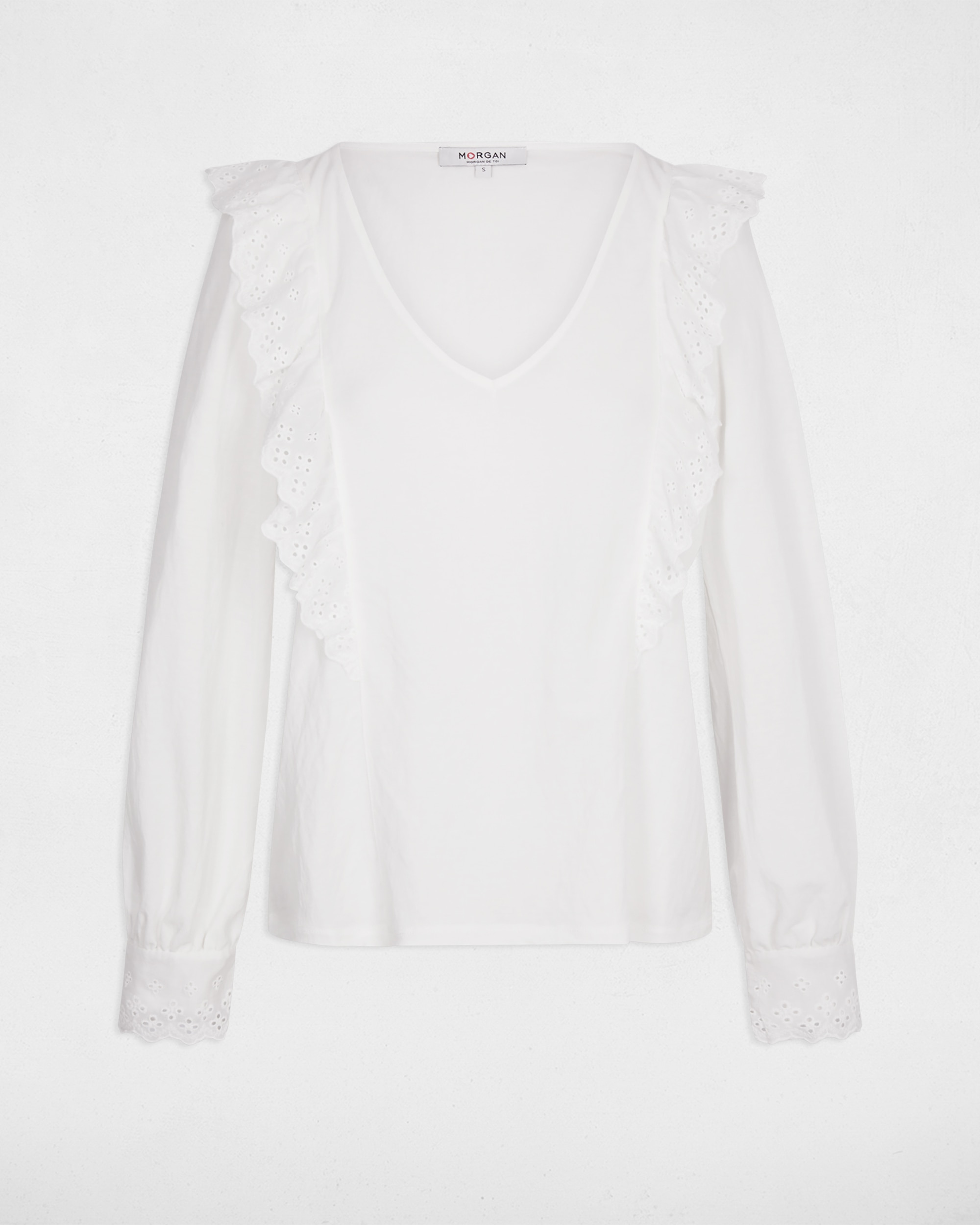 T-shirt Bordada com Gola em V Branco-2