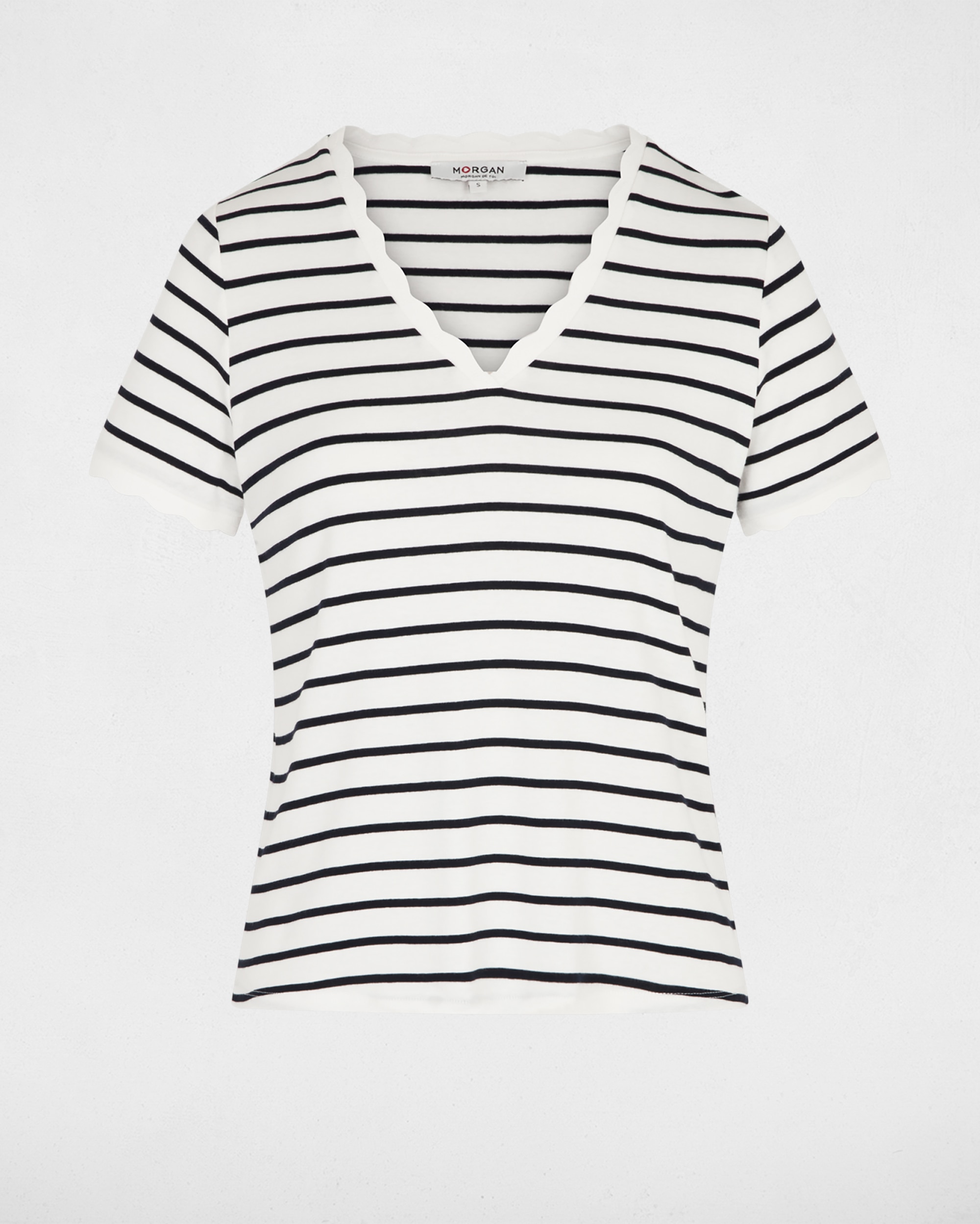 T-shirt Às Riscas com Decote em V Branco-2