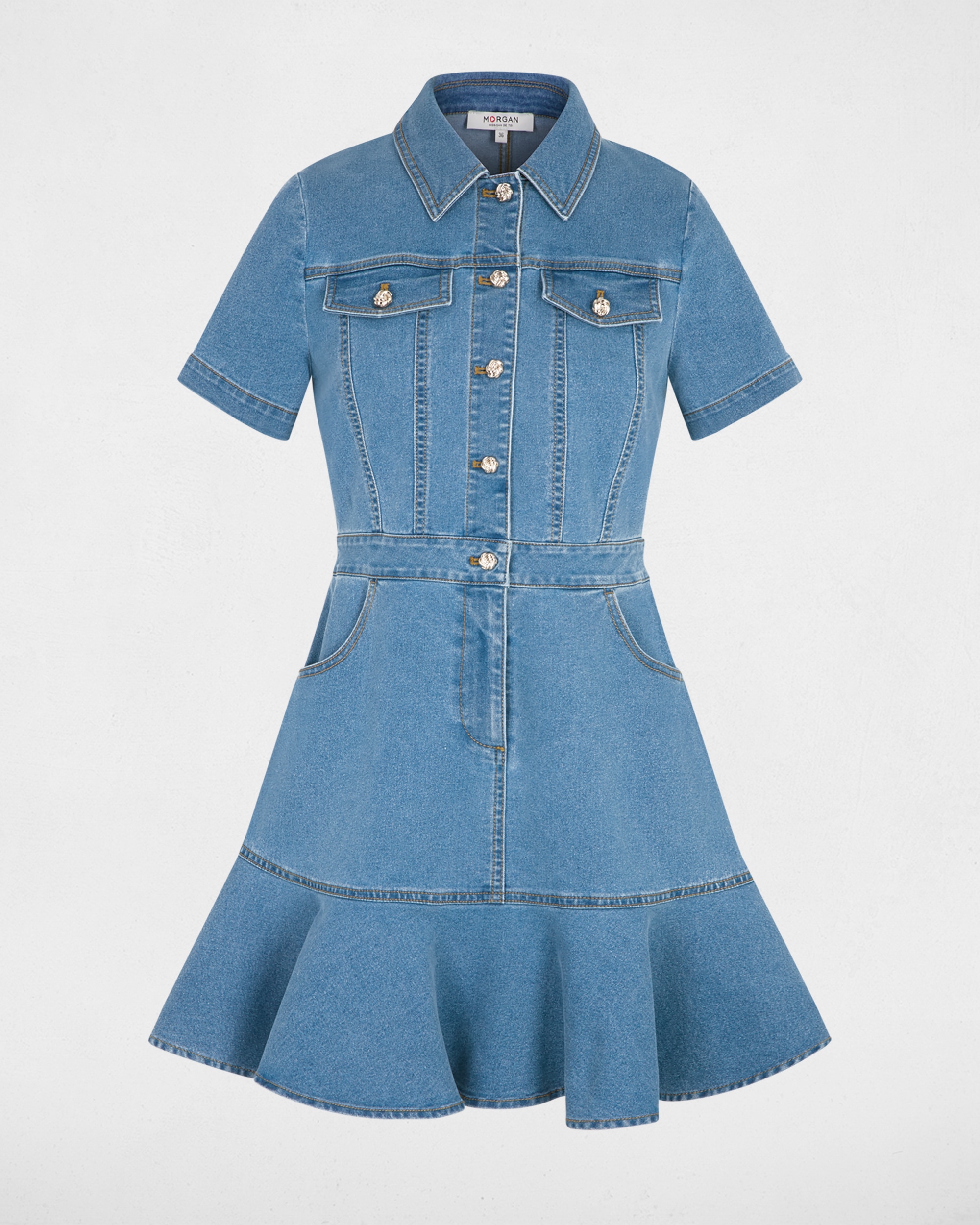 Vestido Curto de Tecido Jeans com Manga Curta Azul denim-2