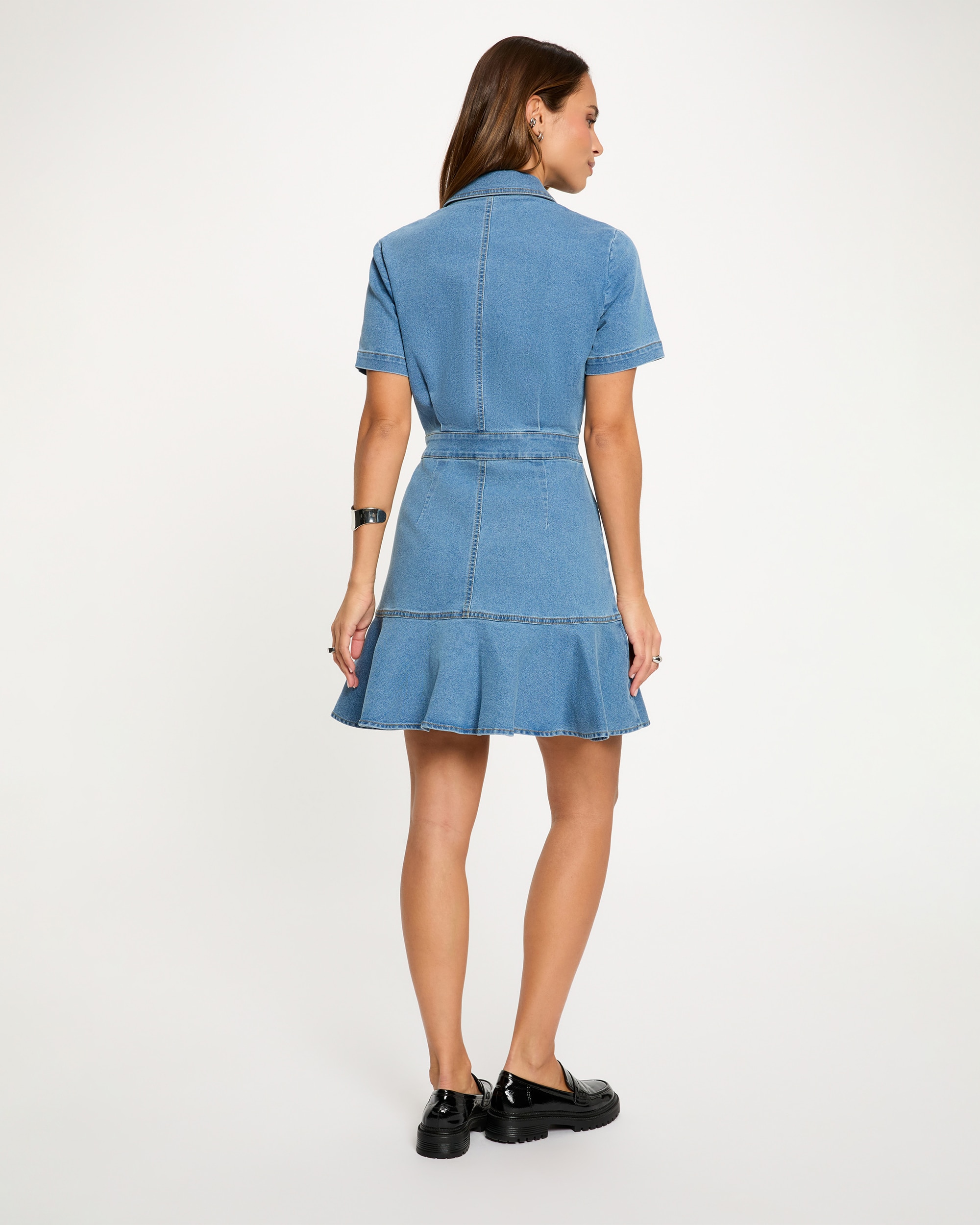 Vestido Curto de Tecido Jeans com Manga Curta Azul denim-3