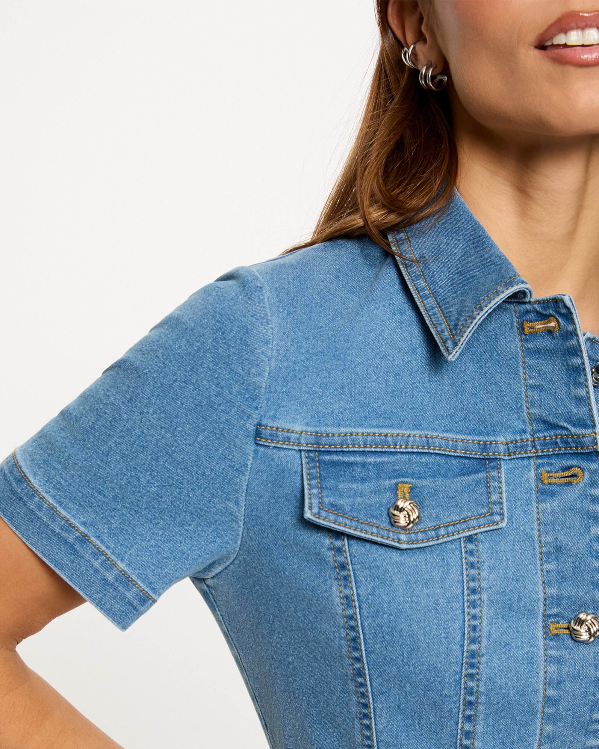 Vestido Curto de Tecido Jeans com Manga Curta Azul denim-5