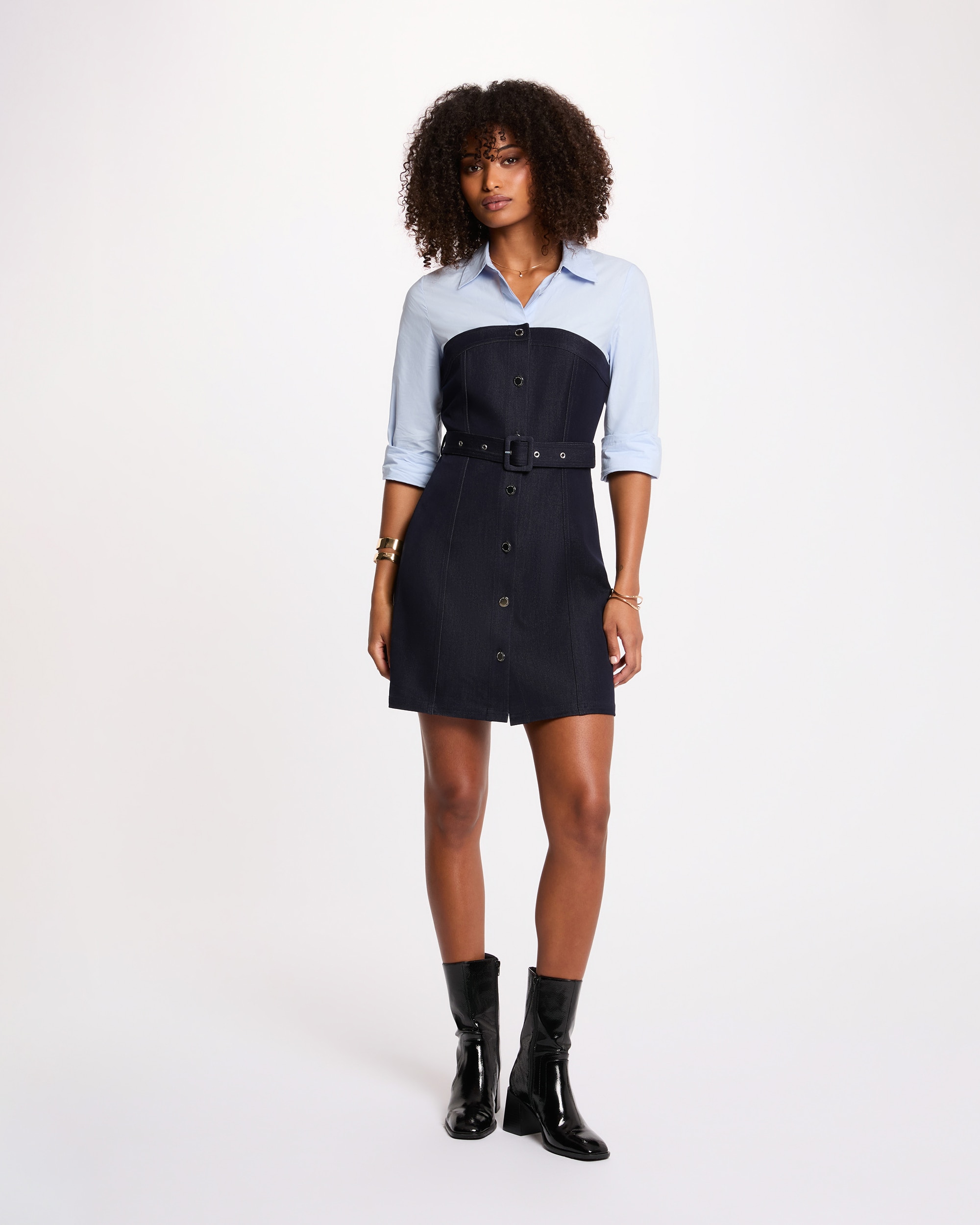Vestido Curto Efeito 2 em 1 com Manga 3/4 Azul-escuro-4
