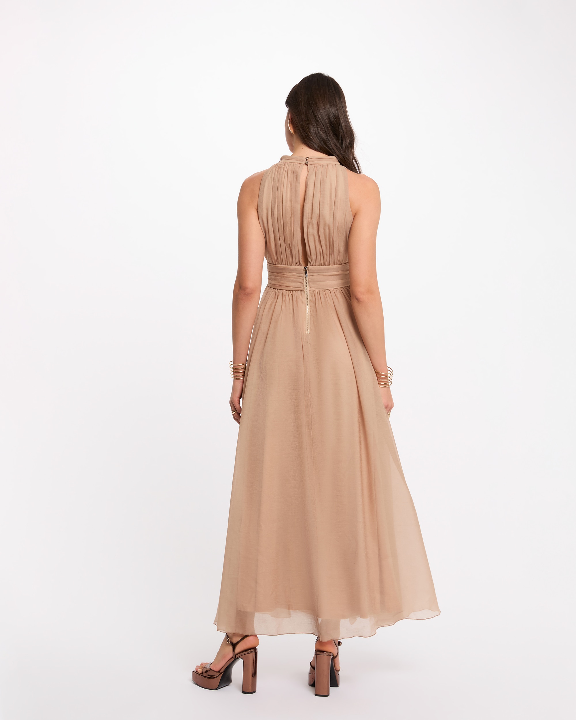 Vestido Comprido com Gola Perkins sem Mangas Bege-3