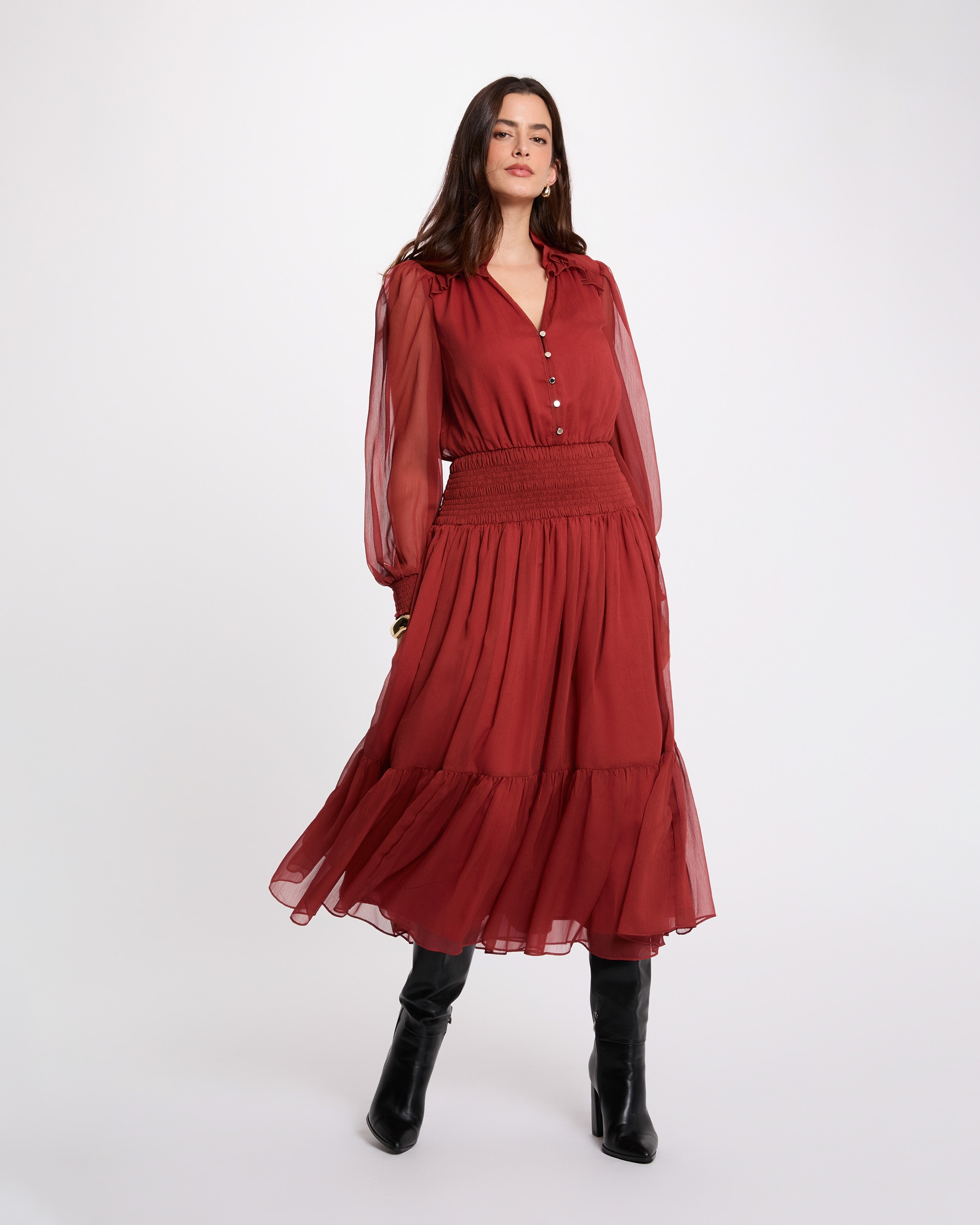 Vestido Comprido com Decote em V Vermelho-4