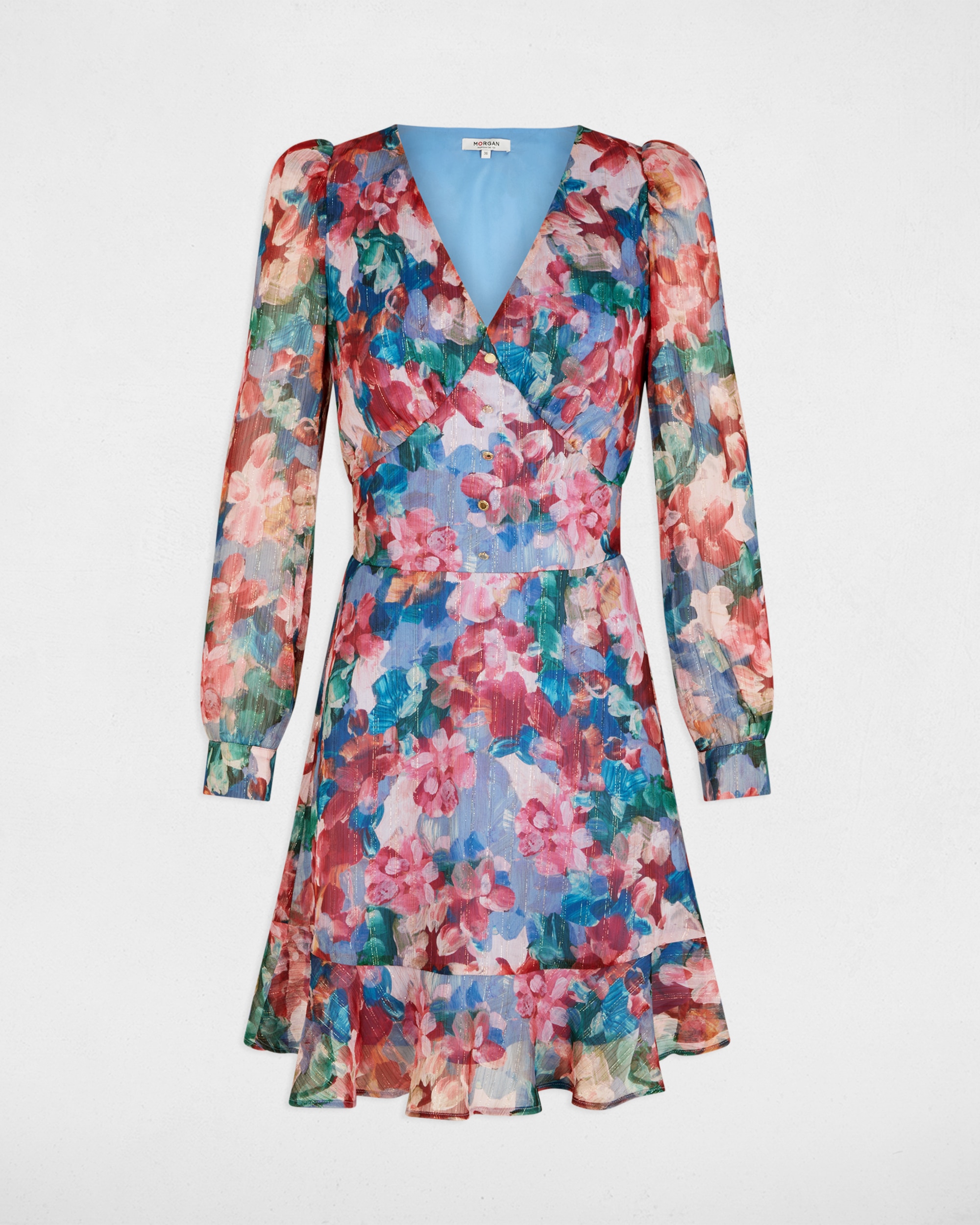 Vestido Curto com Gola em V e Estampado Floral Multicolor-2