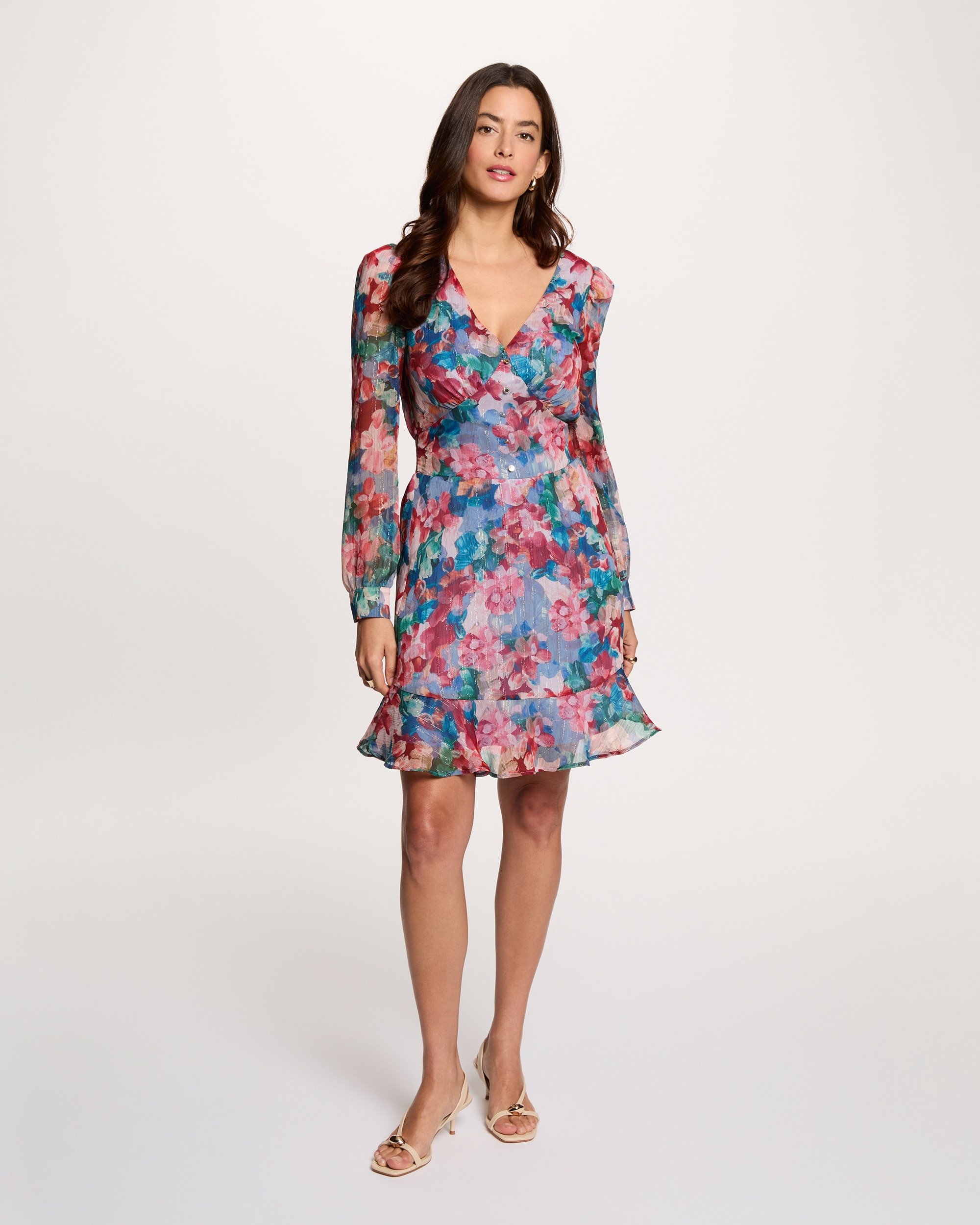 Vestido Curto com Gola em V e Estampado Floral Multicolor-4