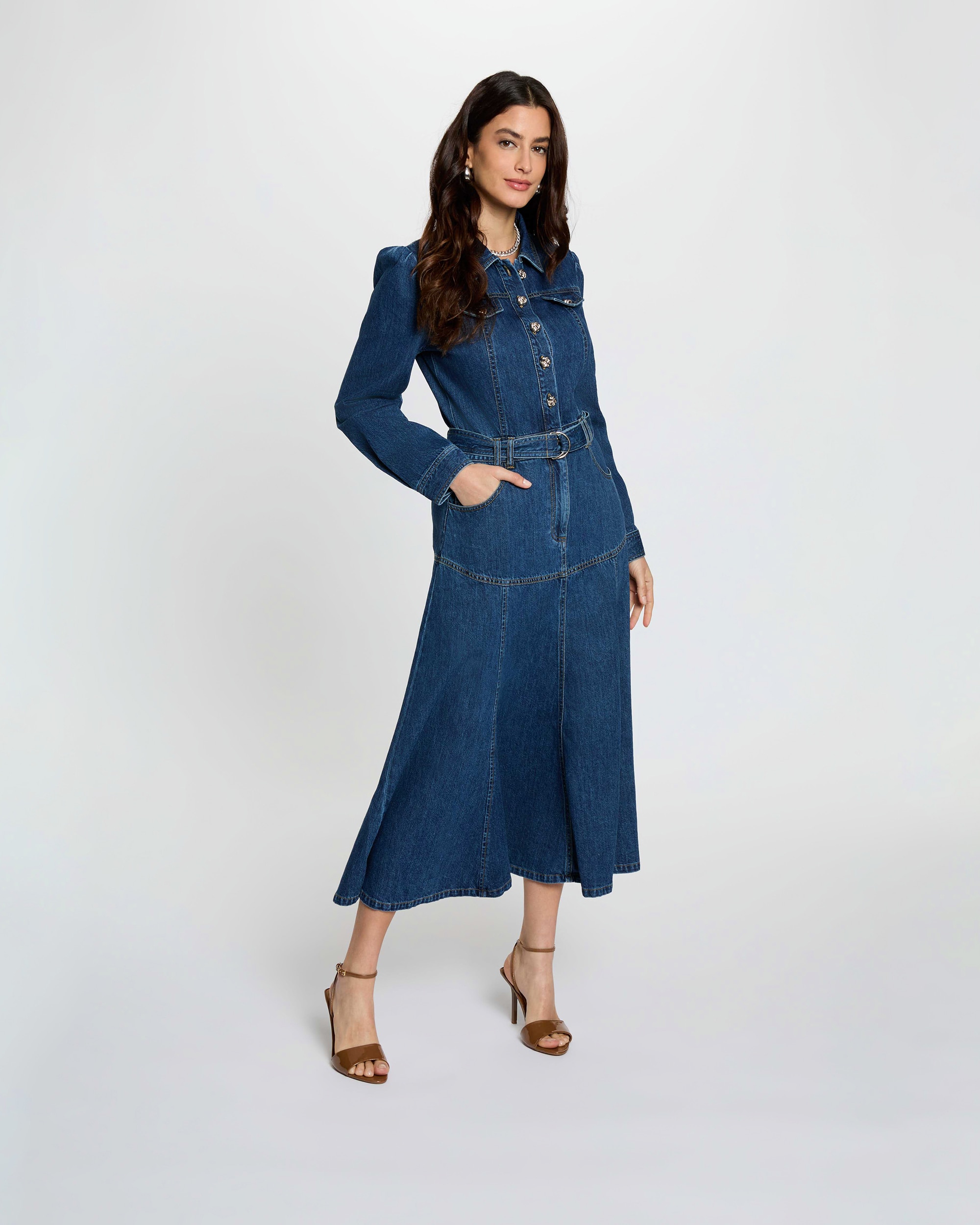Vestido Comprido Jeans com Cinto Azul-escuro-4