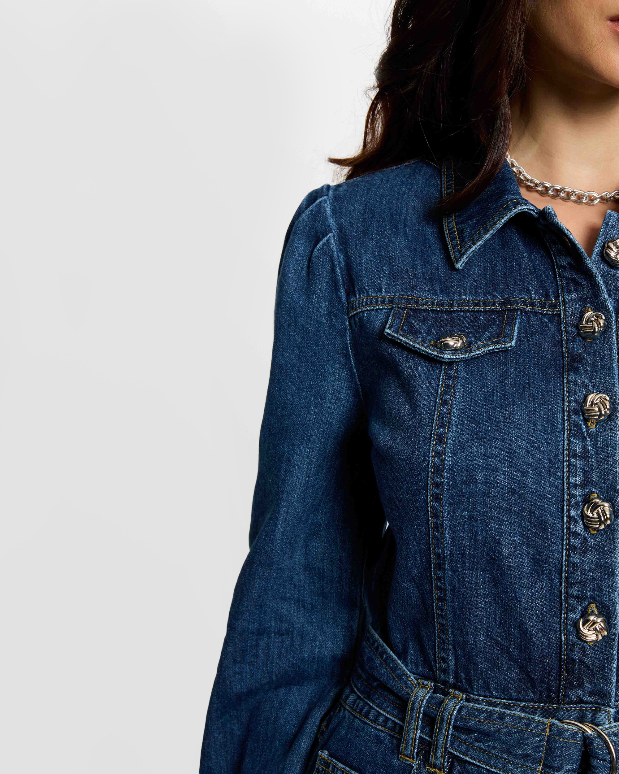 Vestido Comprido Jeans com Cinto Azul-escuro-5